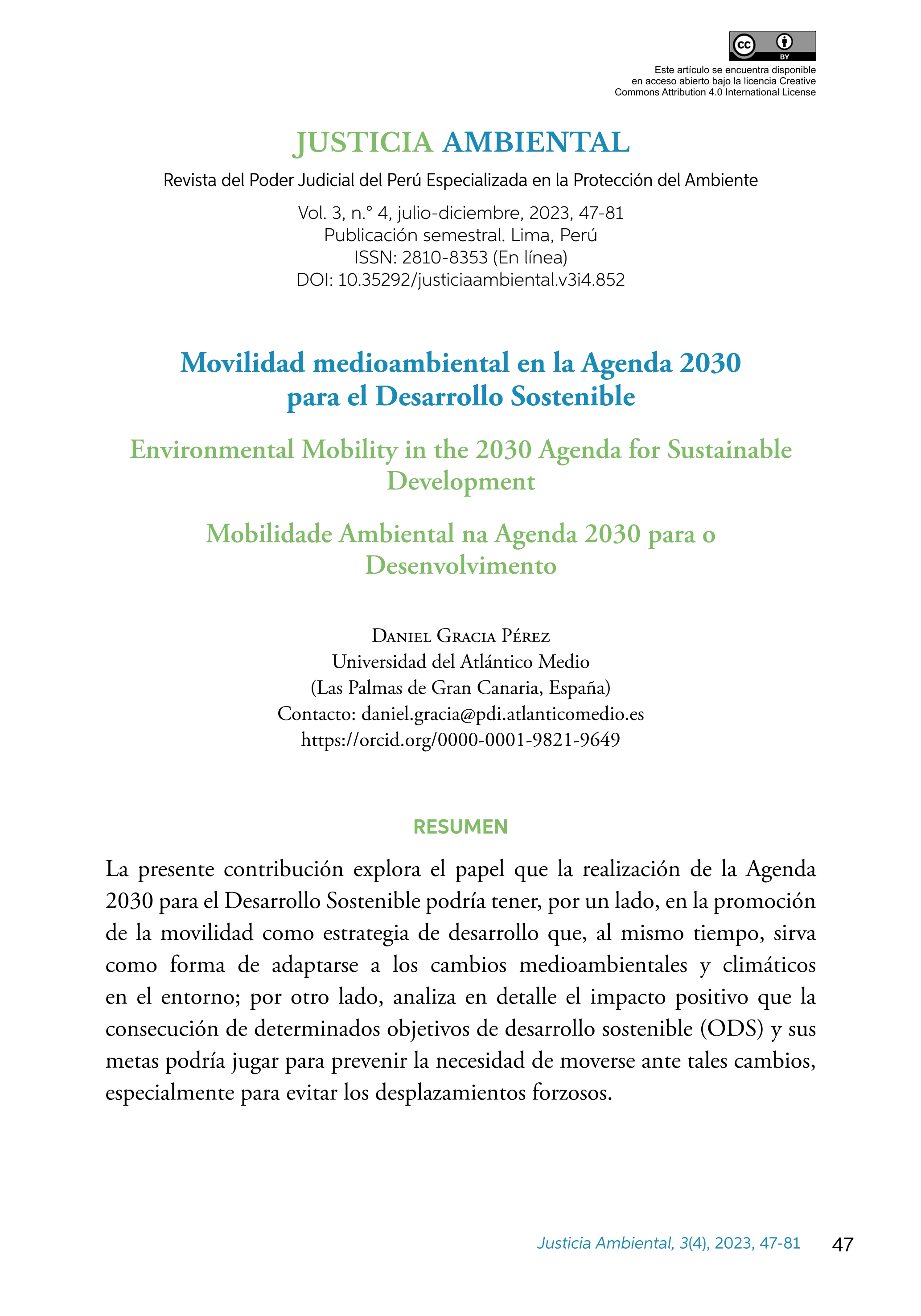 Movilidad medioambiental en la agenda 2030 para el desarrollo sostenible