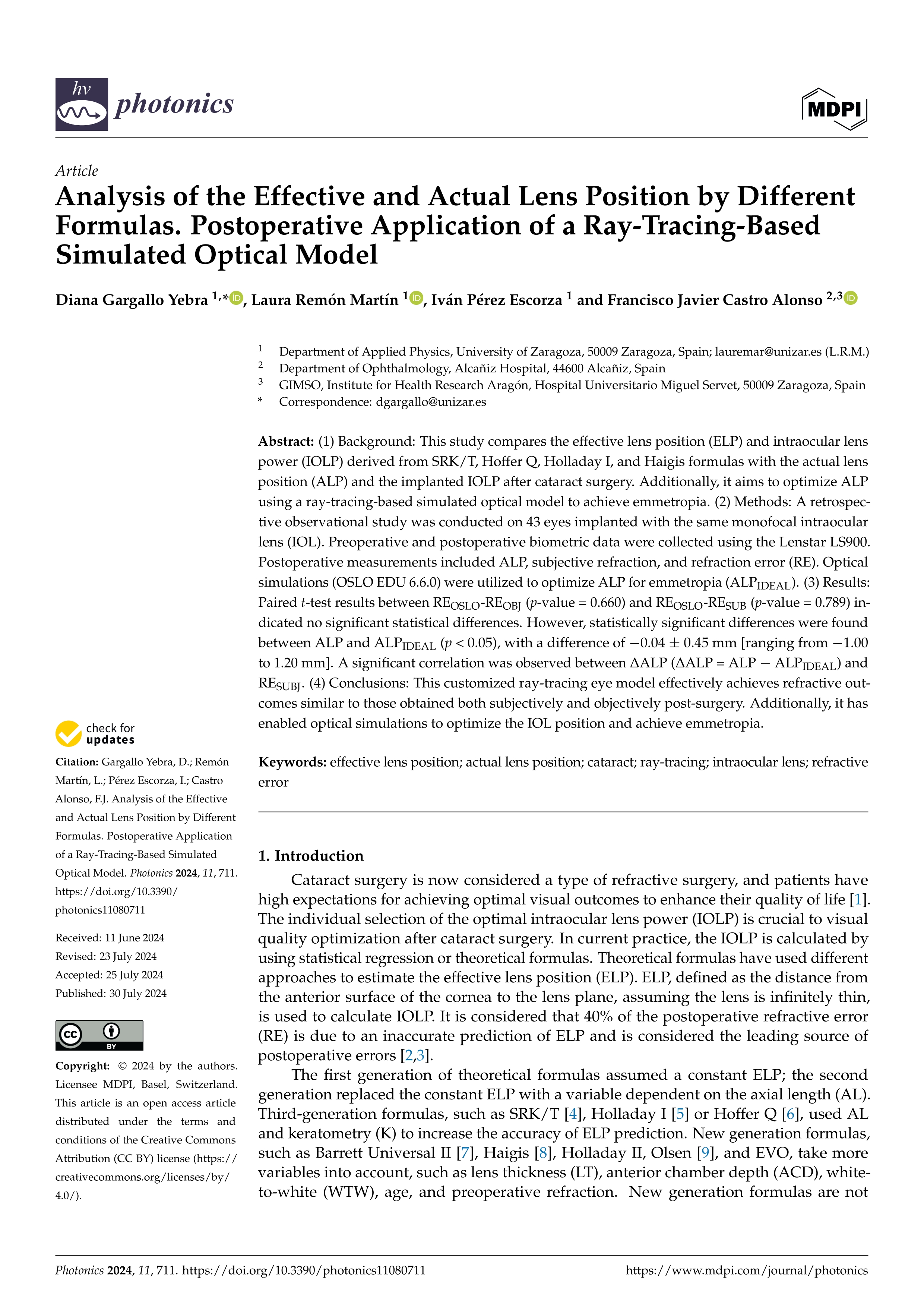 Analysis of the Effective and Actual Lens Position by Different Formulas. Postoperative Application of a Ray-Tracing-Based Simulated Optical Model