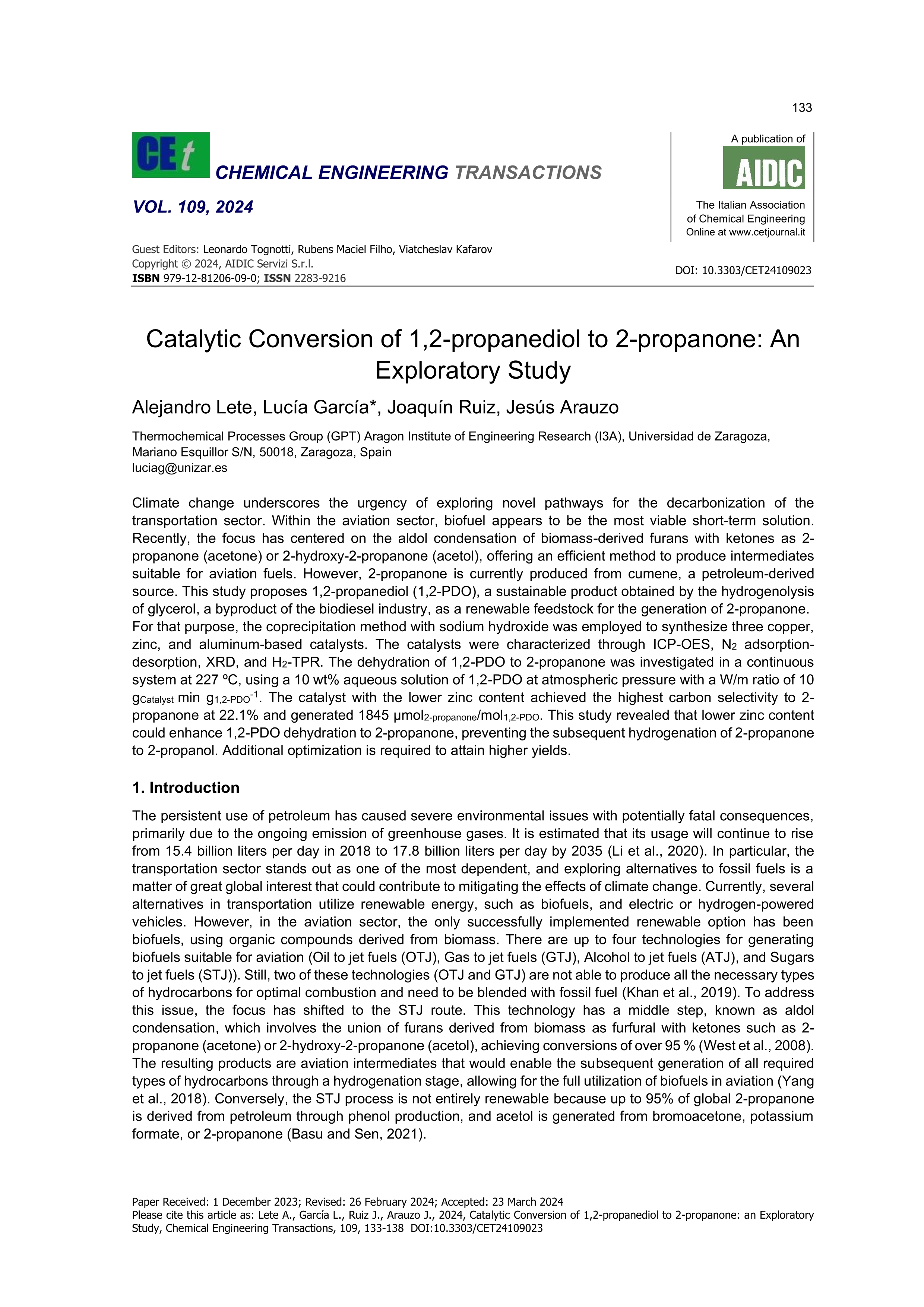 Catalytic conversion of 1,2-propanediol to 2-propanone: an exploratory study