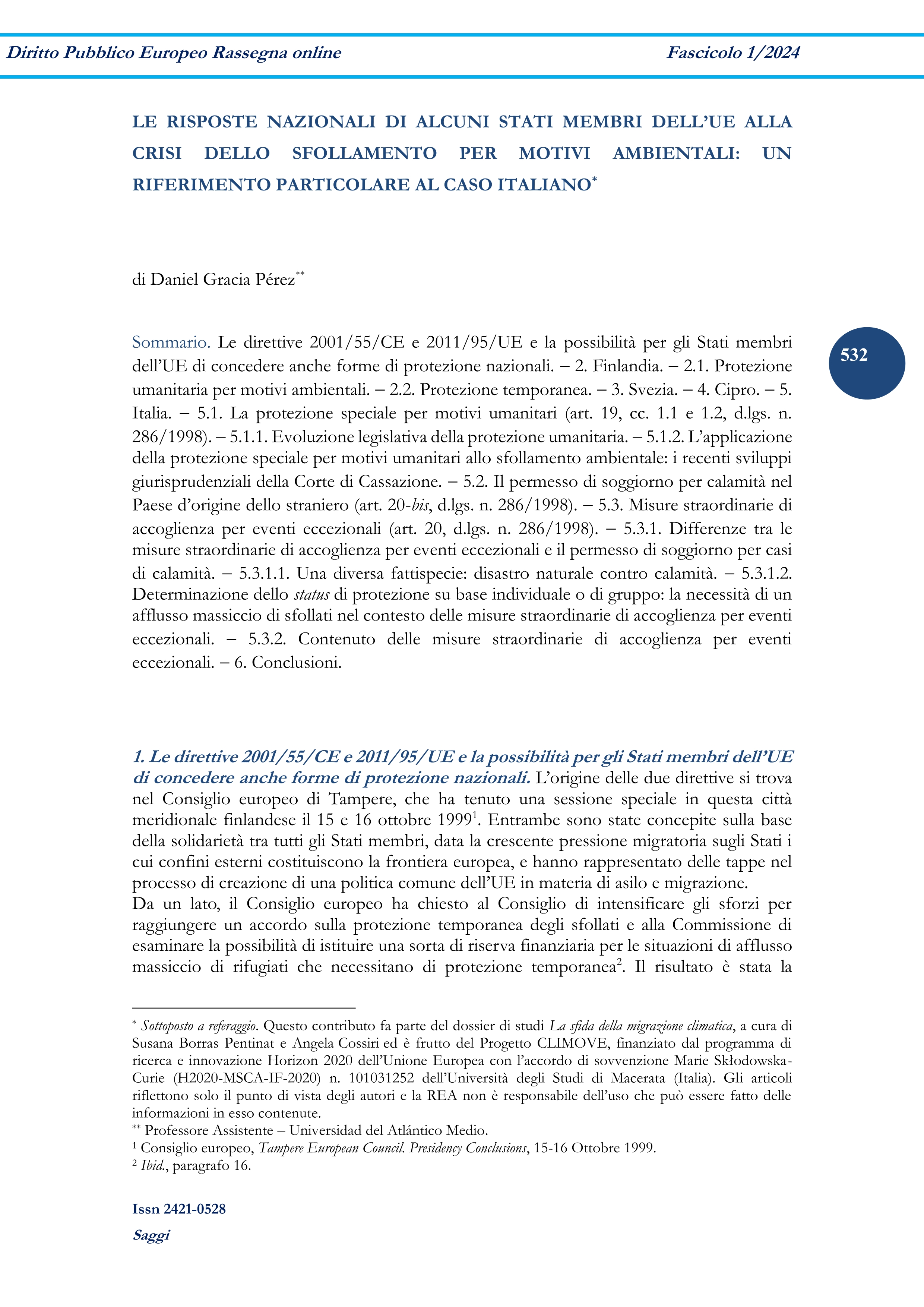 Le risposte nazionali di alcuni stati membri dell'ue alla crisi dello spostamento ambientale. particolare riferimento al caso italiano