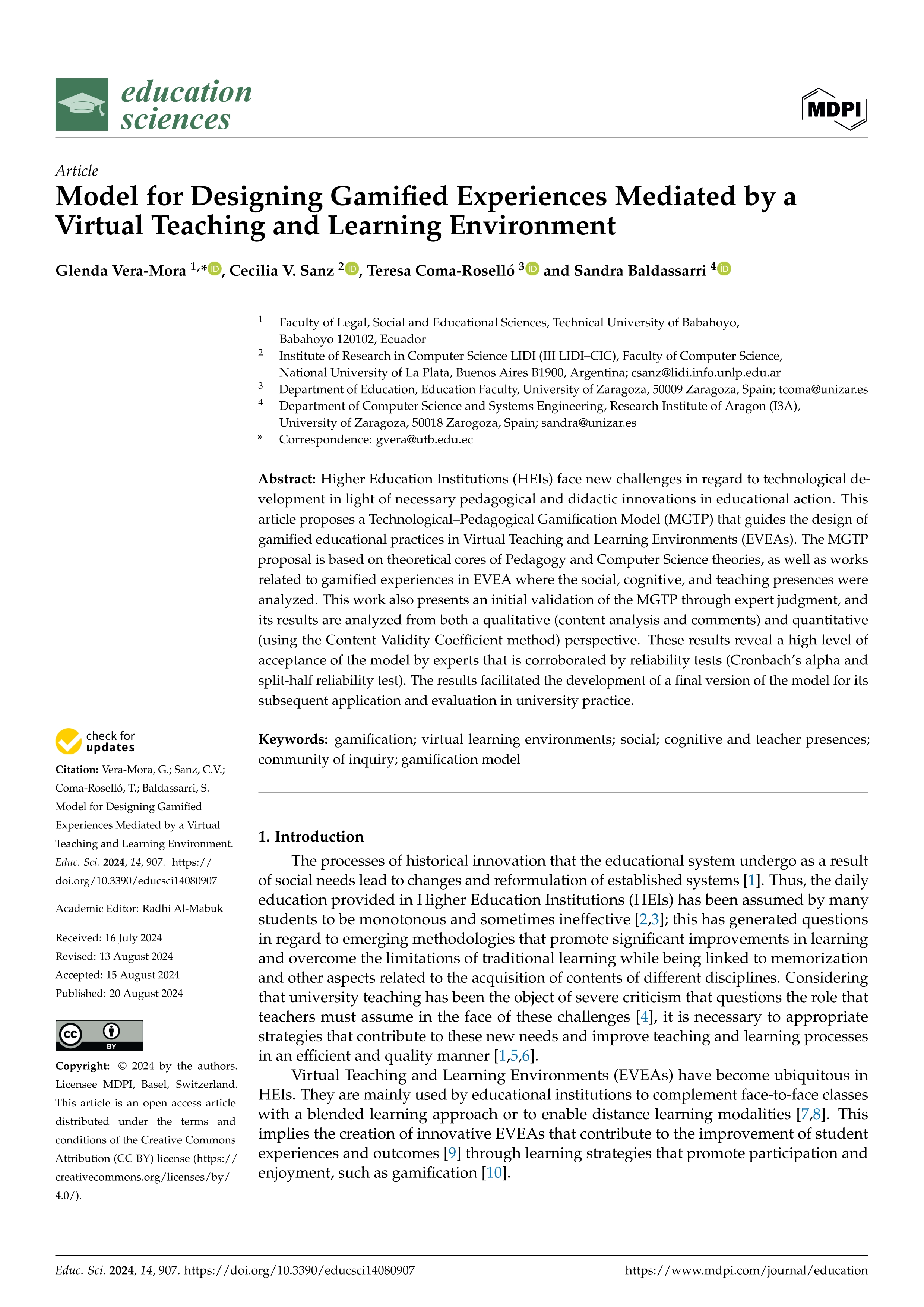 Model for Designing Gamified Experiences Mediated by a Virtual Teaching and Learning Environment