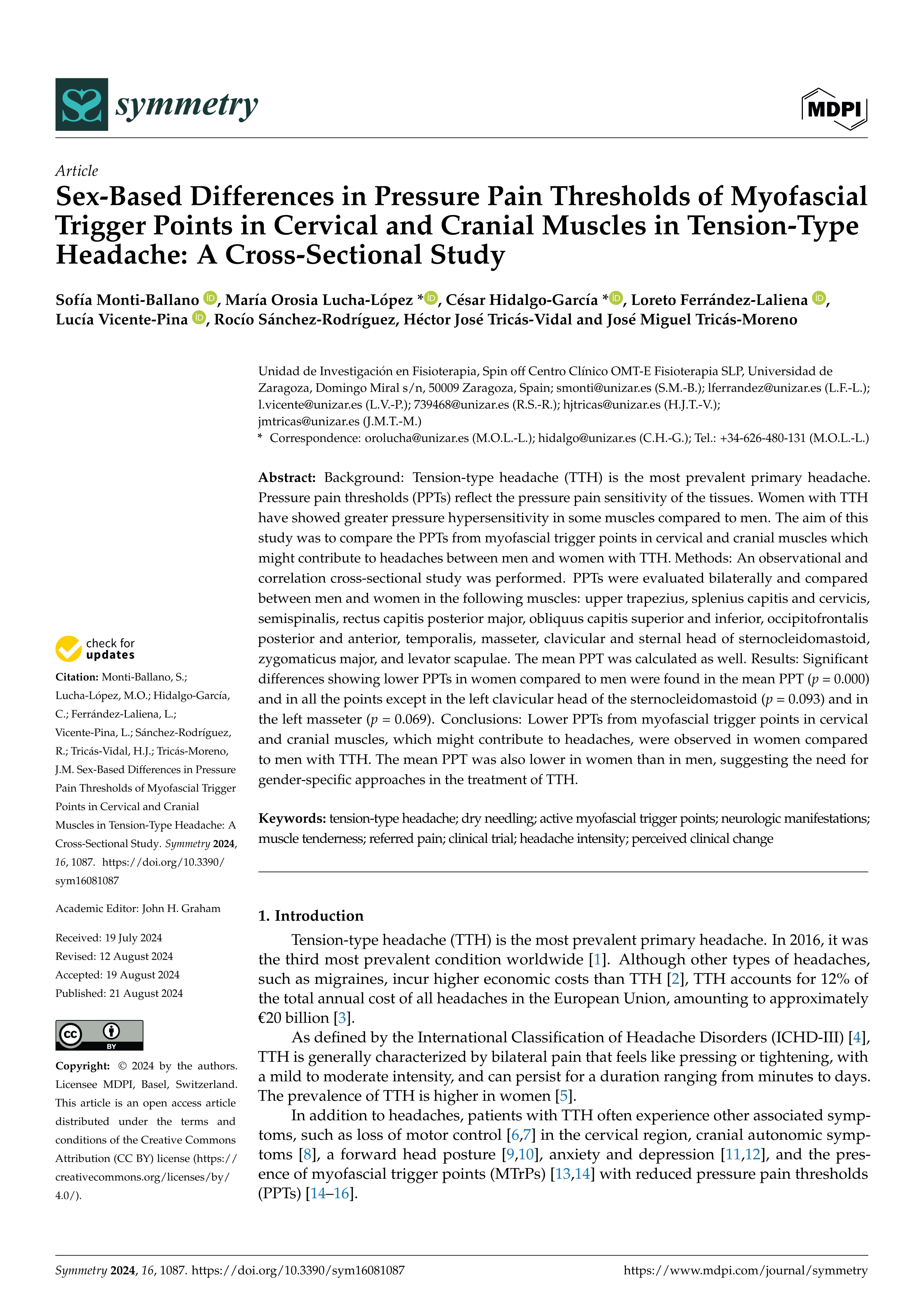 Sex-Based Differences in Pressure Pain Thresholds of Myofascial Trigger Points in Cervical and Cranial Muscles in Tension-Type Headache: A Cross-Sectional Study