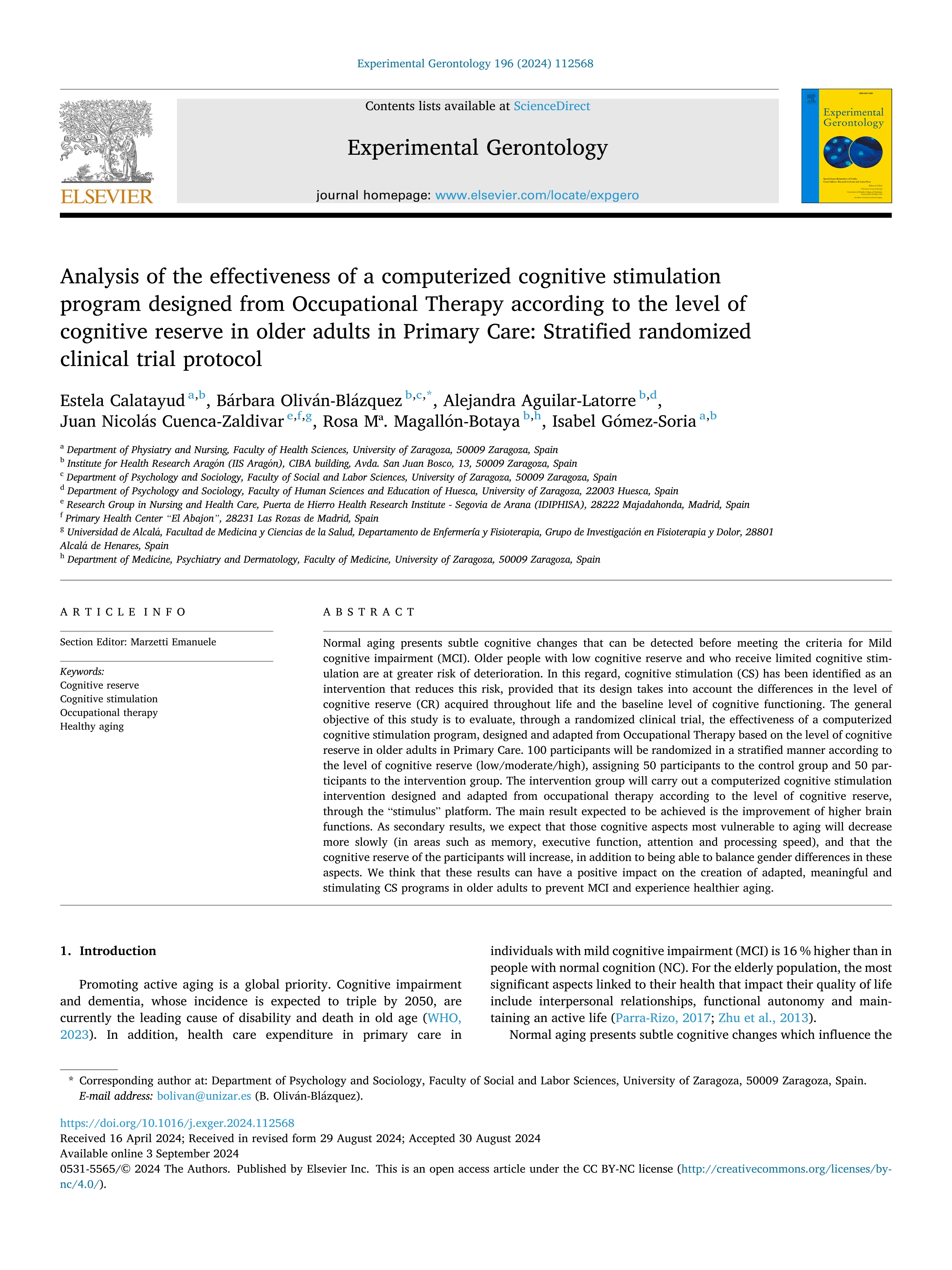 Analysis of the effectiveness of a computerized cognitive stimulation program designed from Occupational Therapy according to the level of cognitive reserve in older adults in Primary Care: Stratified randomized clinical trial protocol