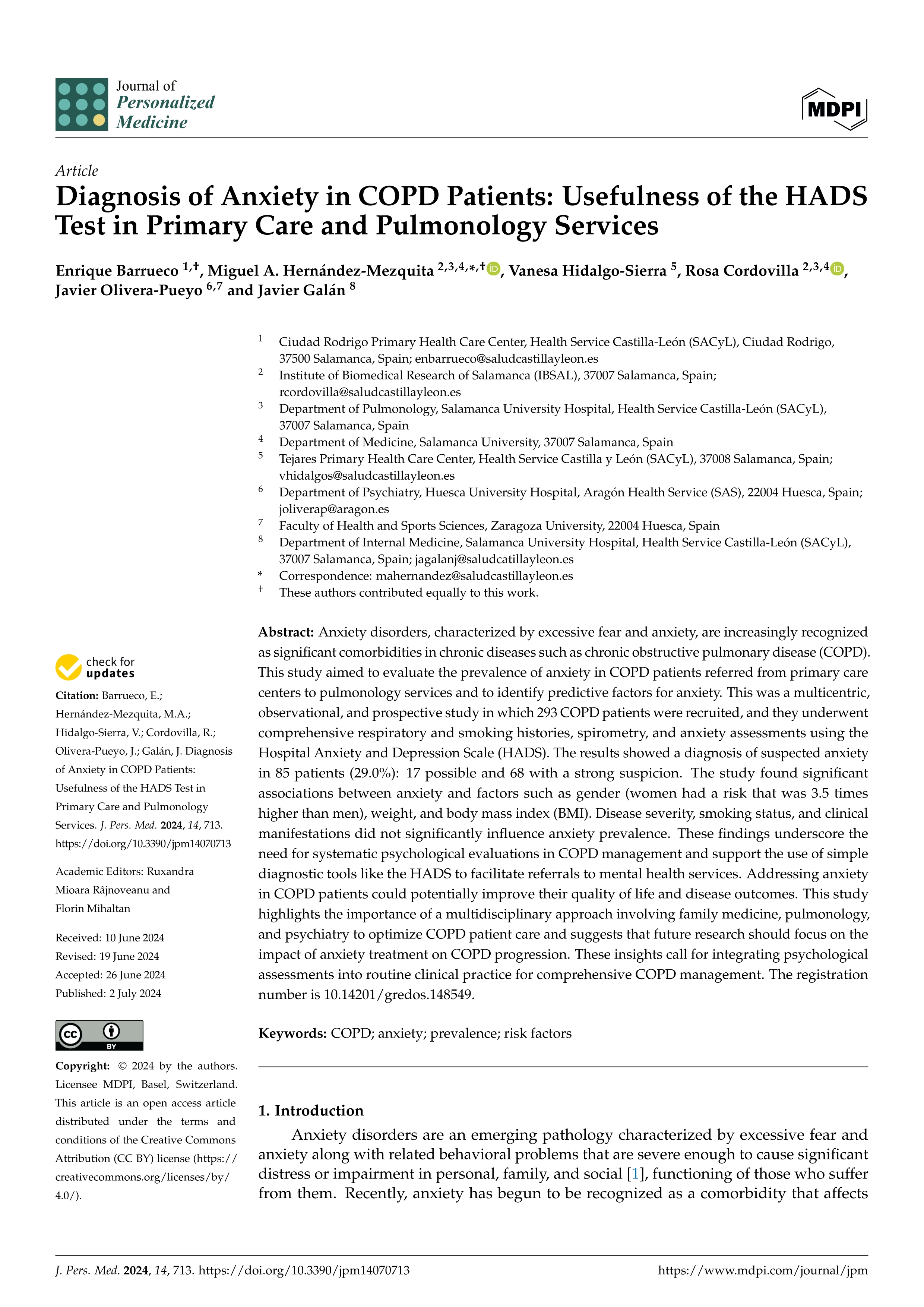 Diagnosis of Anxiety in COPD Patients: Usefulness of the HADS Test in Primary Care and Pulmonology Services