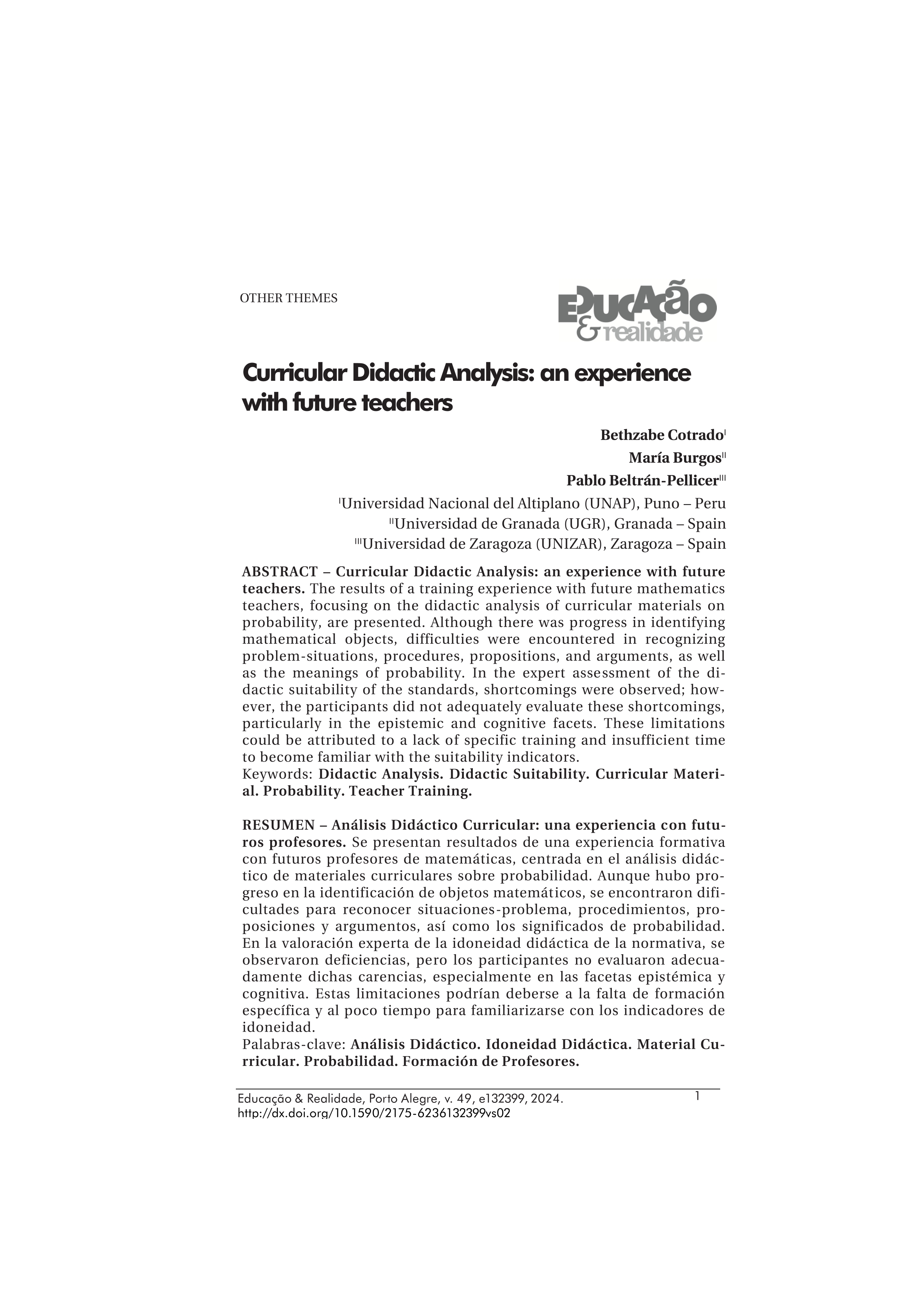 Curricular didactic analysis: an experience with future teachers