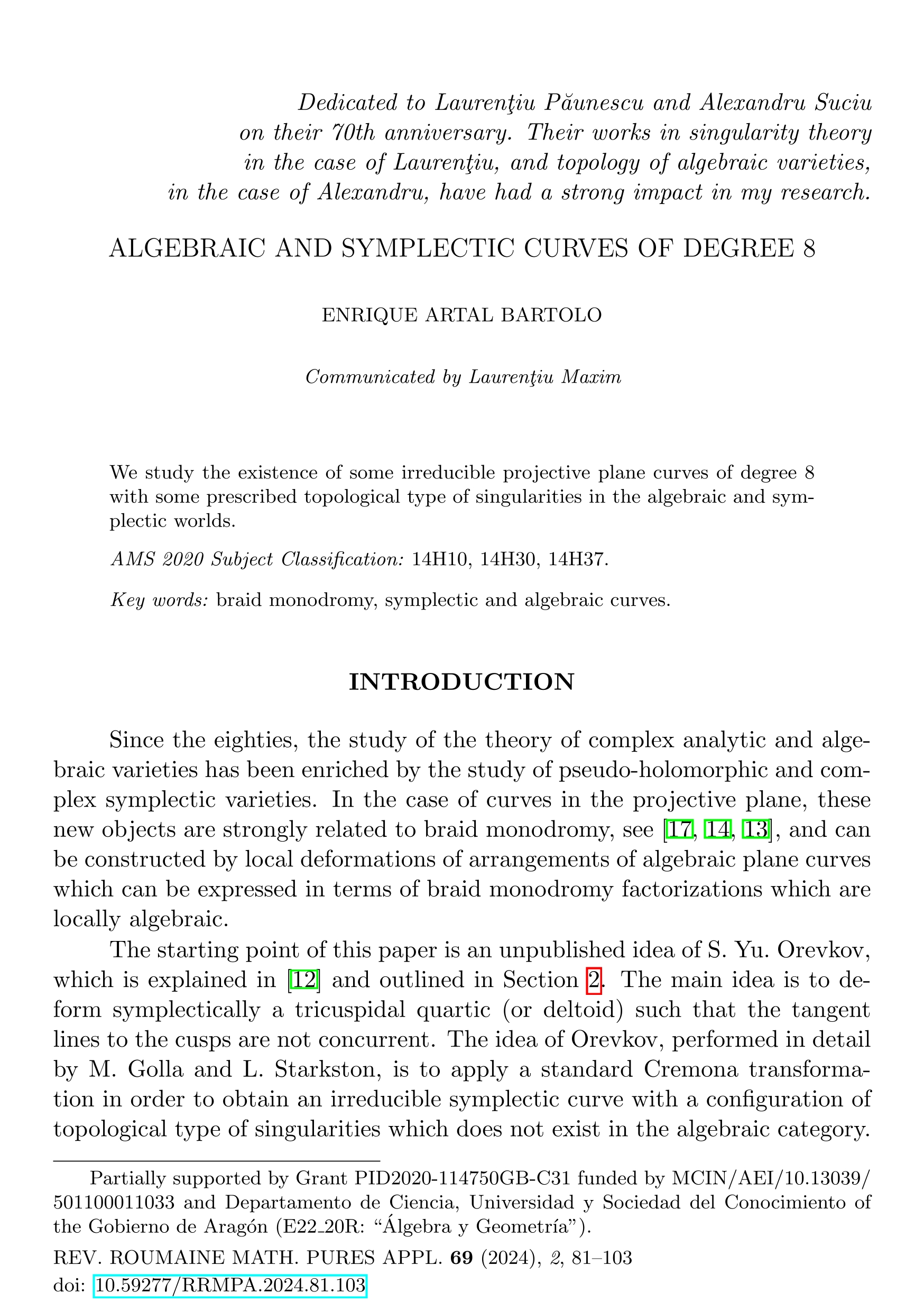 Algebraic and symplectic curves of degree 8