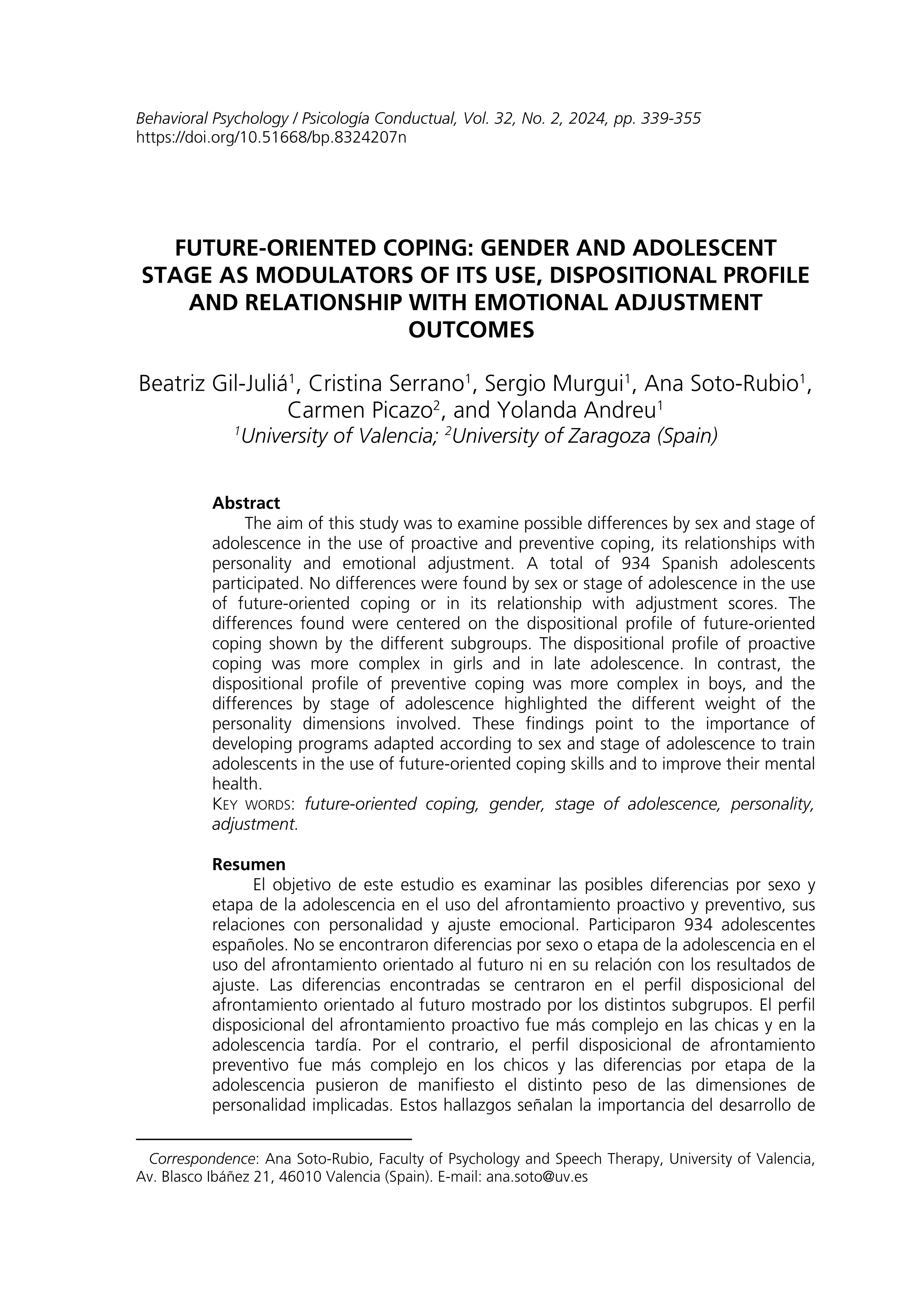 Future-oriented coping: gender and adolescent stage as modulators of its use, dispositional profile and relationship with emotional adjustment outcomes