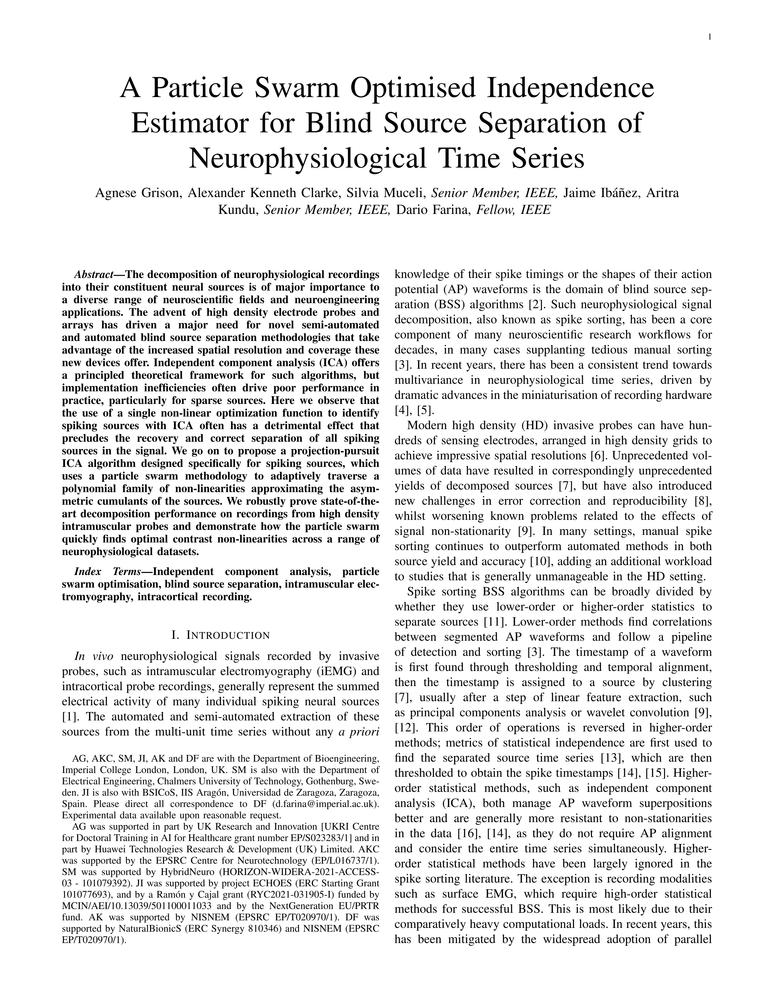 A particle swarm optimised independence estimator for blind source separation of neurophysiological time series