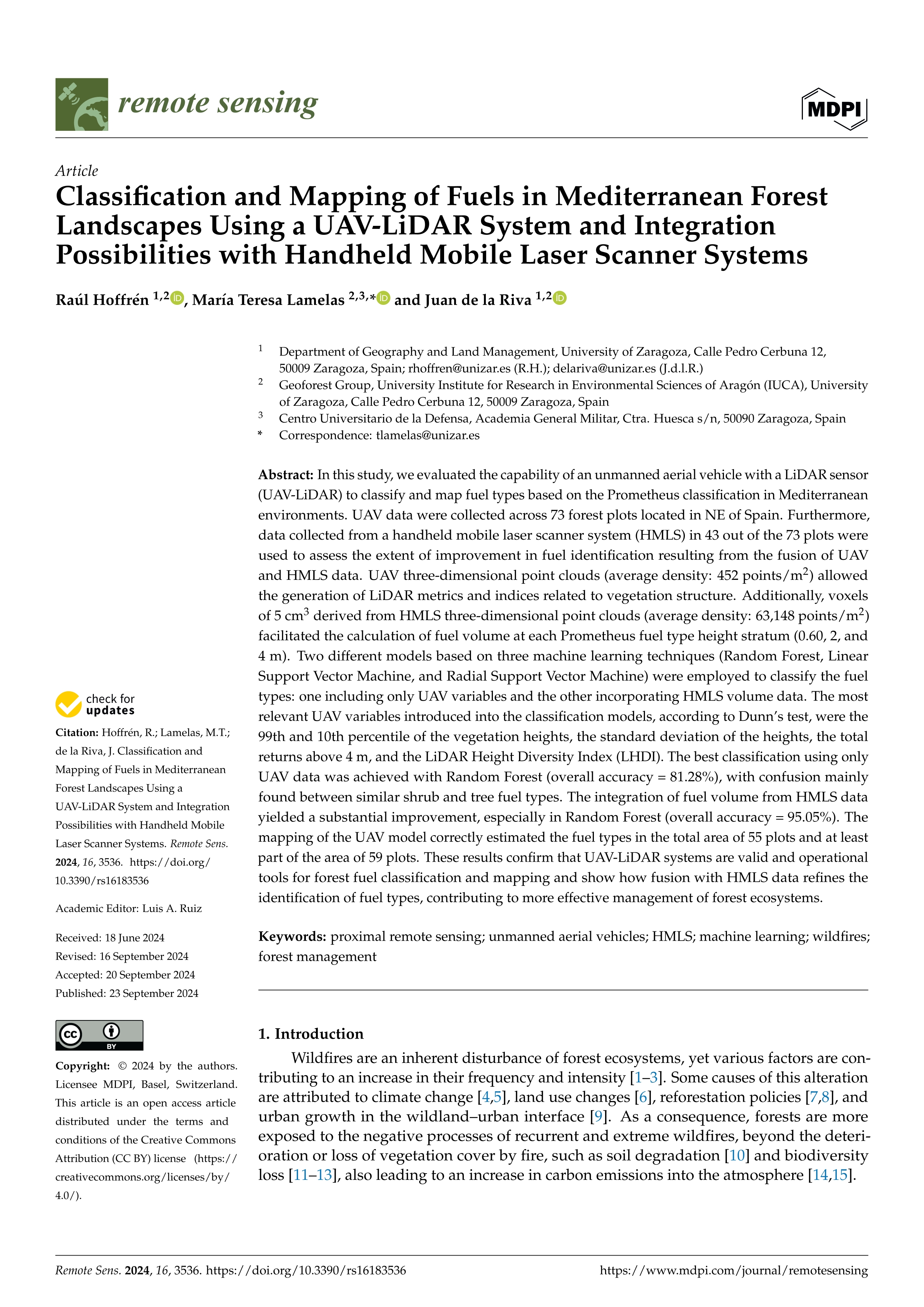 Classification and mapping of fuels in Mediterranean forest landscapes using a UAV-LiDAR system and integration possibilities with Handheld Mobile Laser Scanner systems