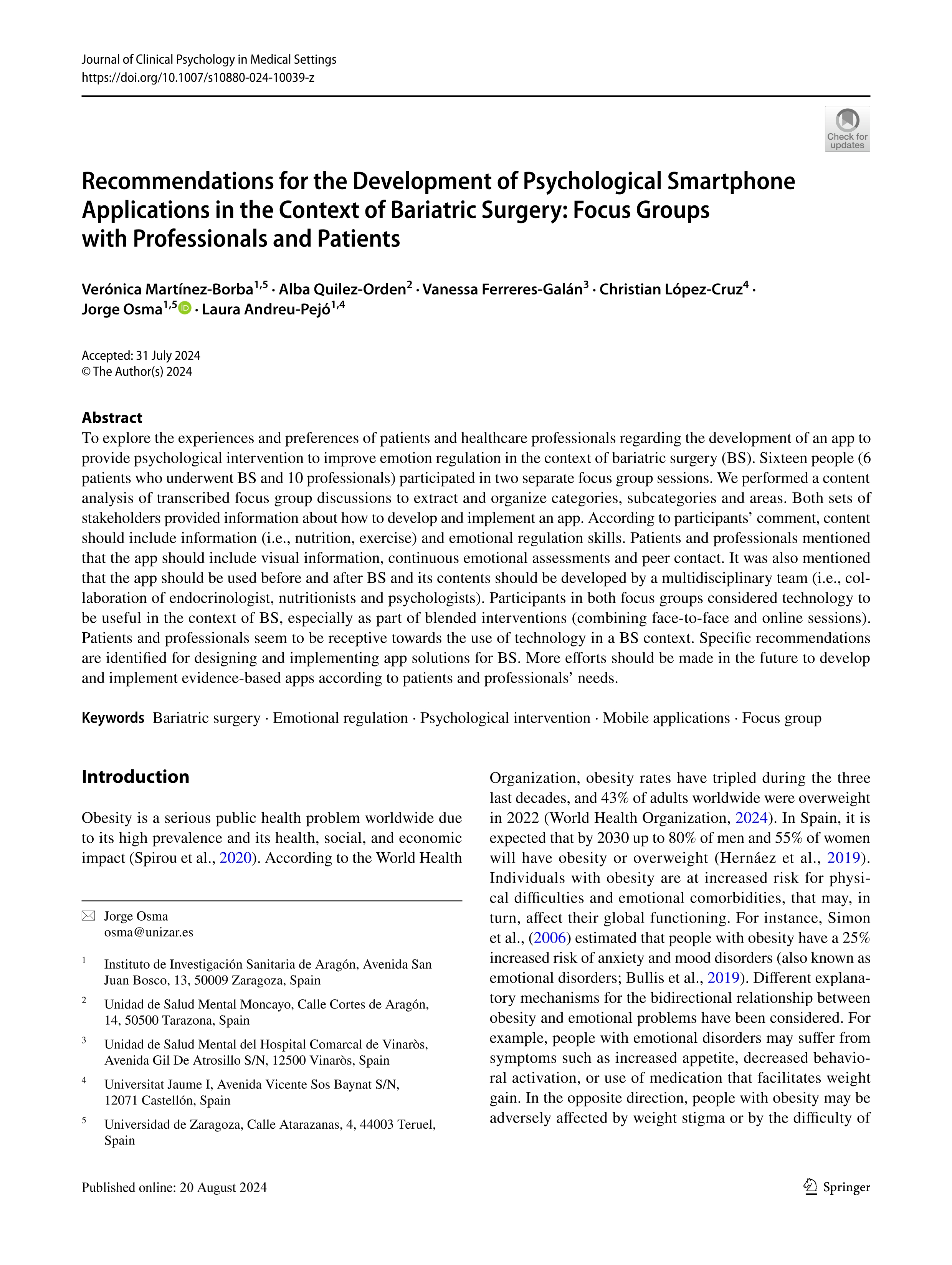 Recommendations for the Development of Psychological Smartphone Applications in the Context of Bariatric Surgery: Focus Groups with Professionals and Patients