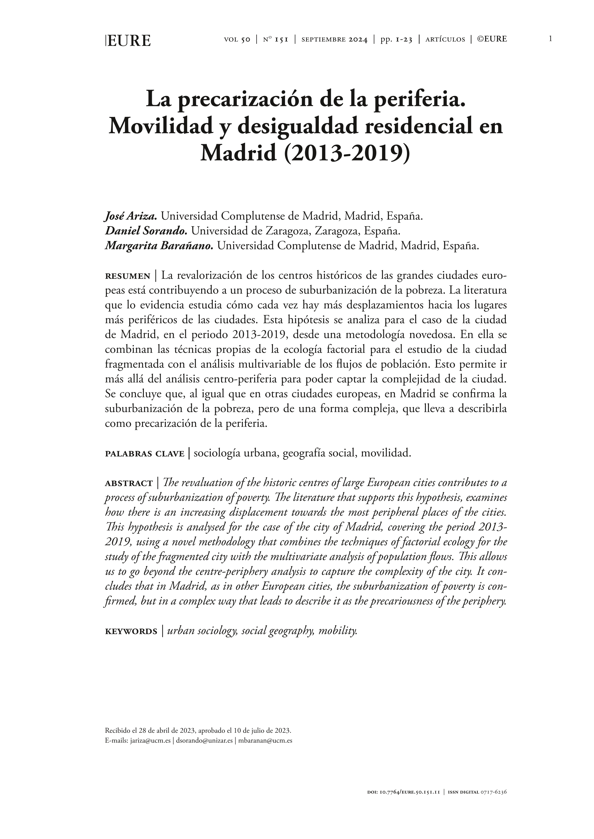 La precarización de la periferia. Movilidad y desigualdad residencial en Madrid (2013-2019)