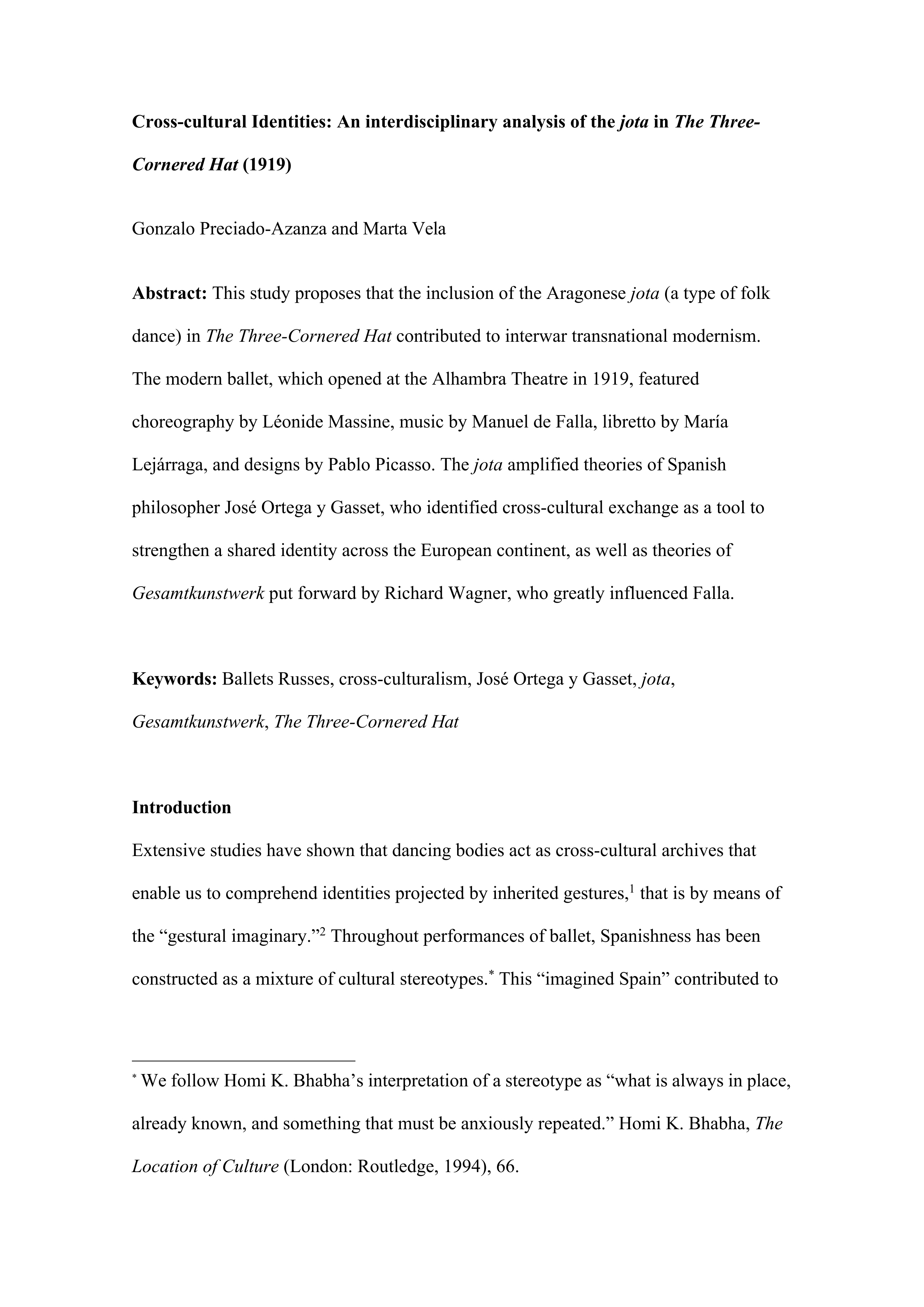 Cross-cultural Identities: An interdisciplinary analysis of the jota in The Three-Cornered Hat (1919)