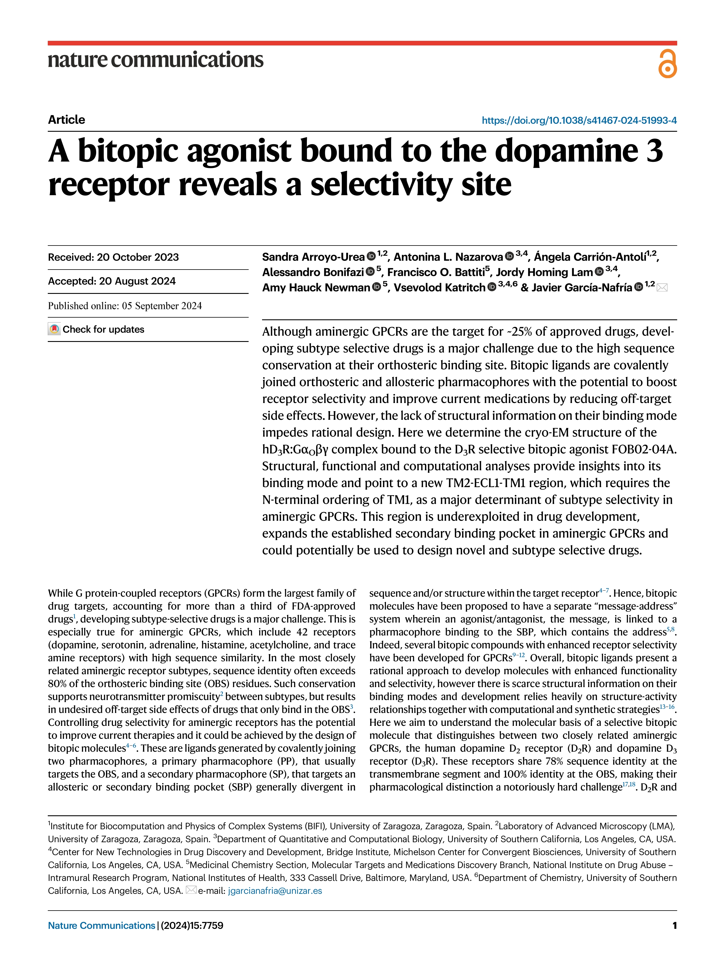 A bitopic agonist bound to the dopamine 3 receptor reveals a selectivity site