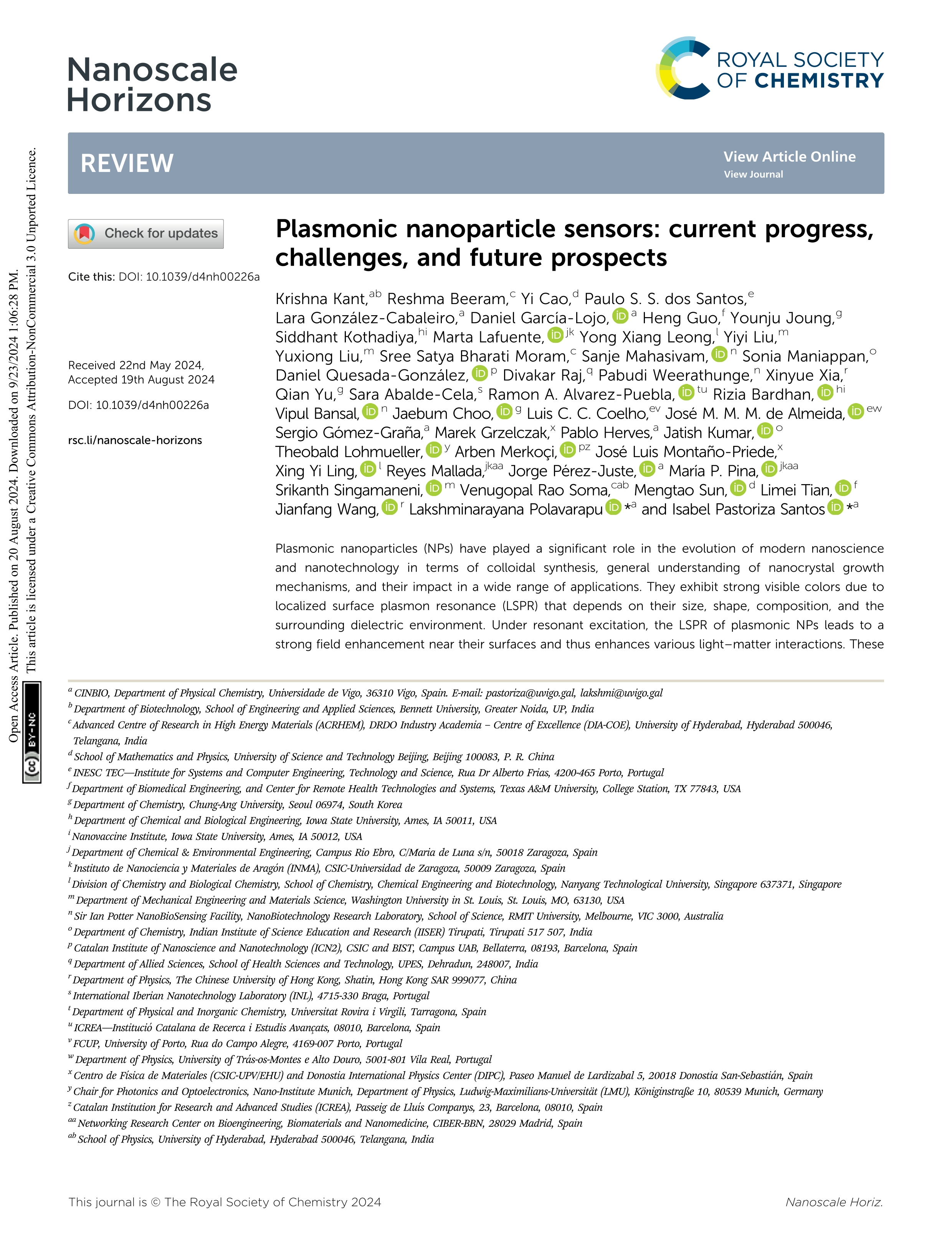 Plasmonic nanoparticle sensors: current progress, challenges, and future prospects