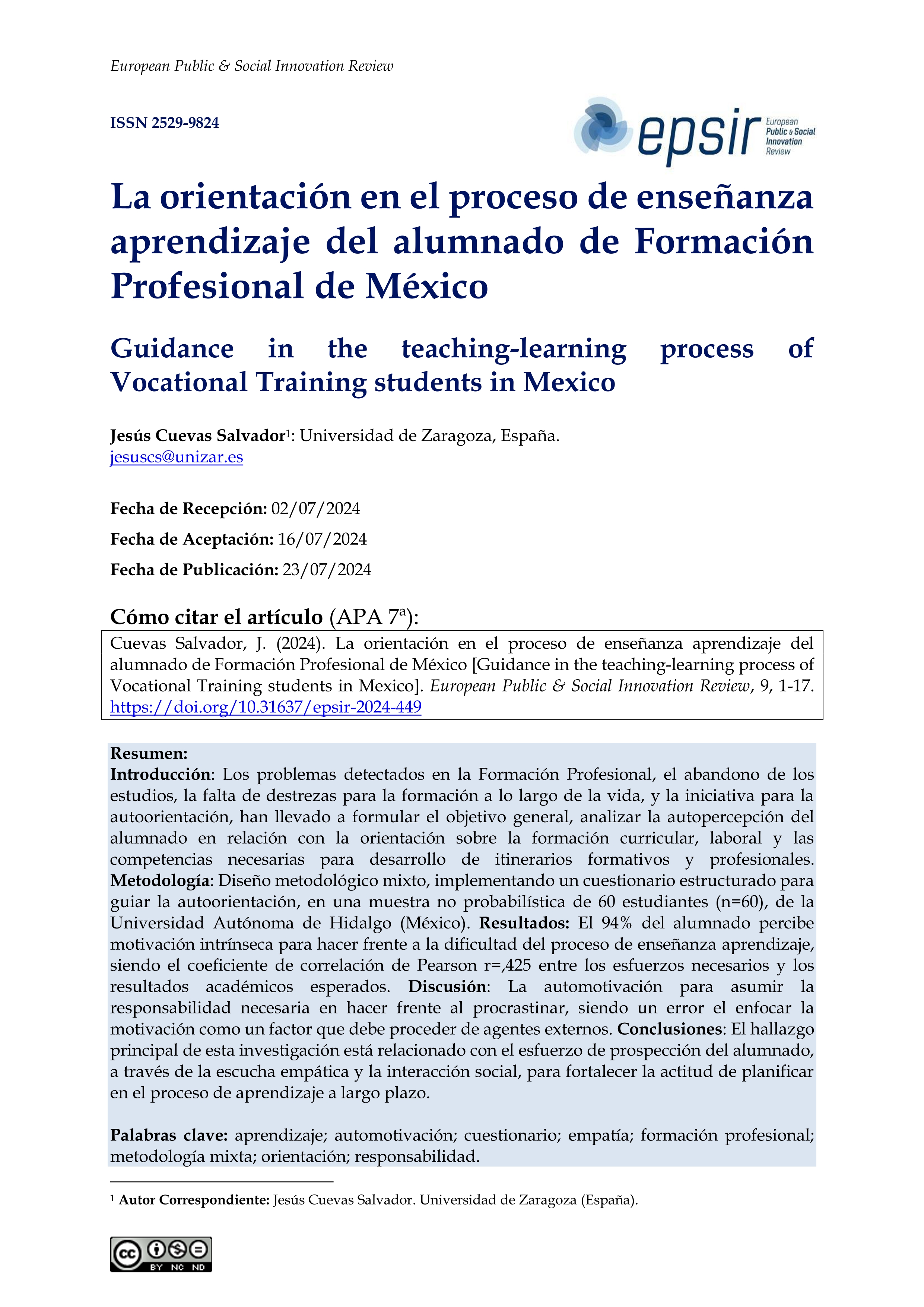 La orientación en el proceso de enseñanza aprendizaje del alumnado de Formación Profesional de México