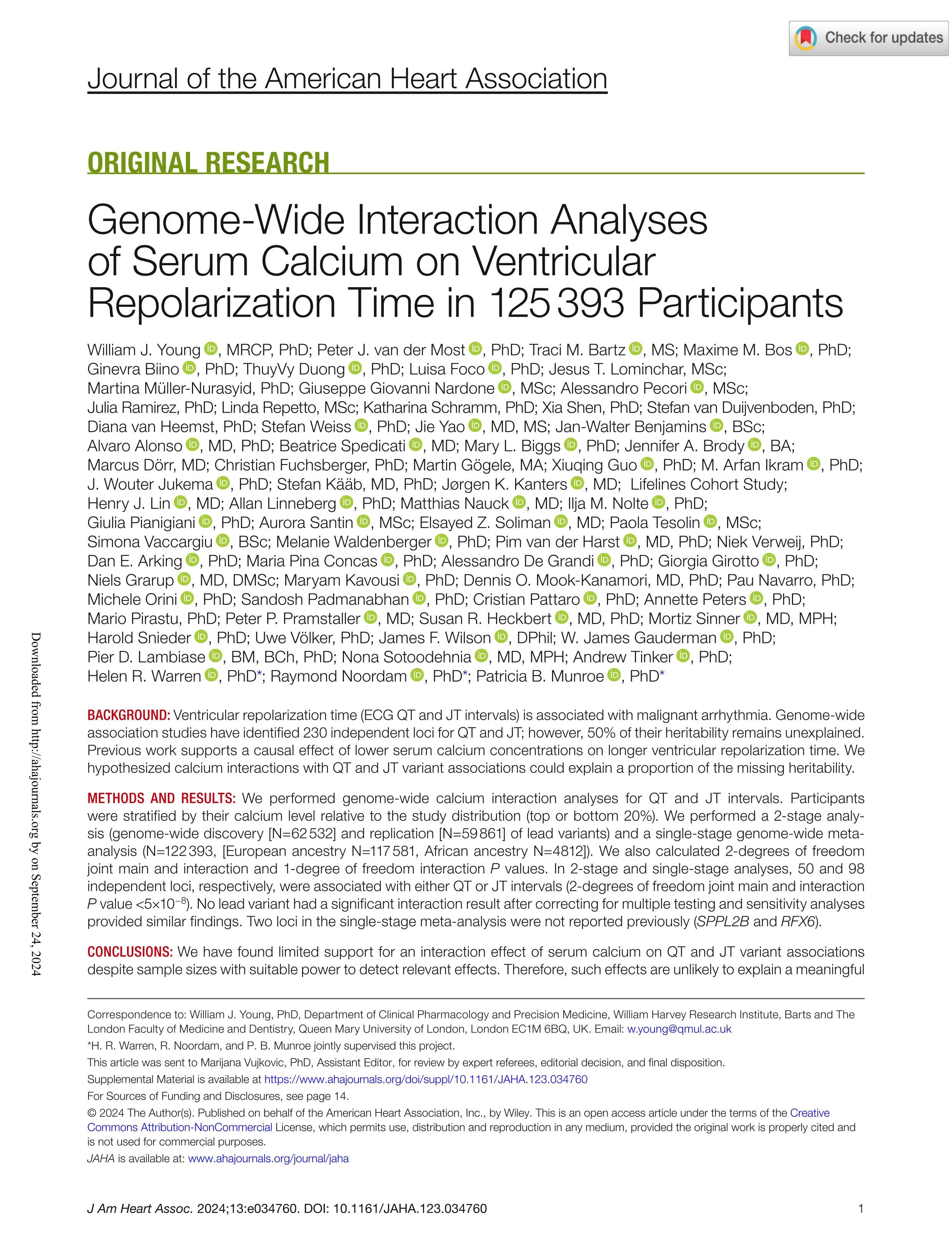 Genome-wide interaction analyses of serum calcium on ventricular repolarization time in 125393 participants