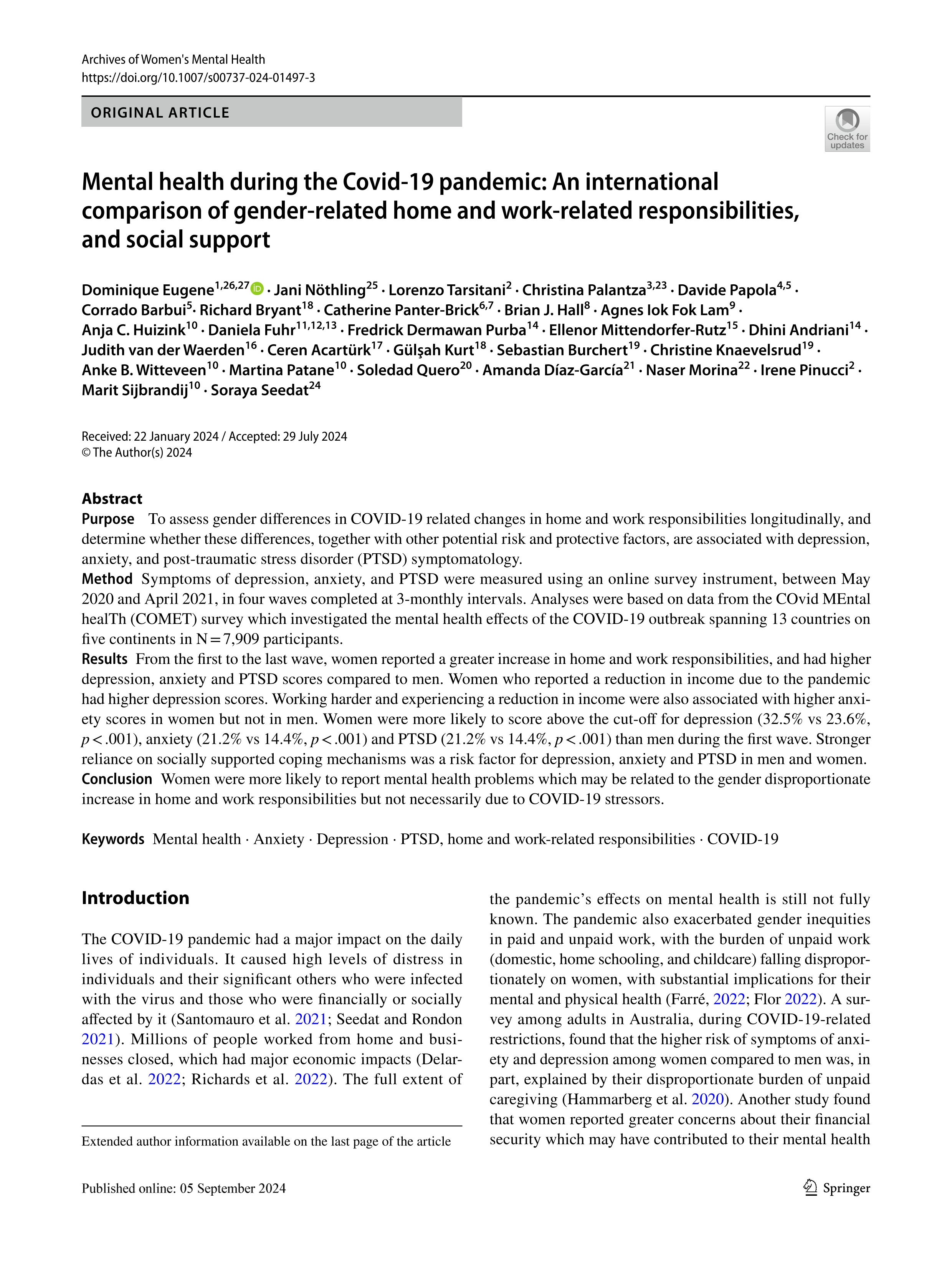 Mental health during the Covid-19 pandemic: An international comparison of gender-related home and work-related responsibilities, and social support