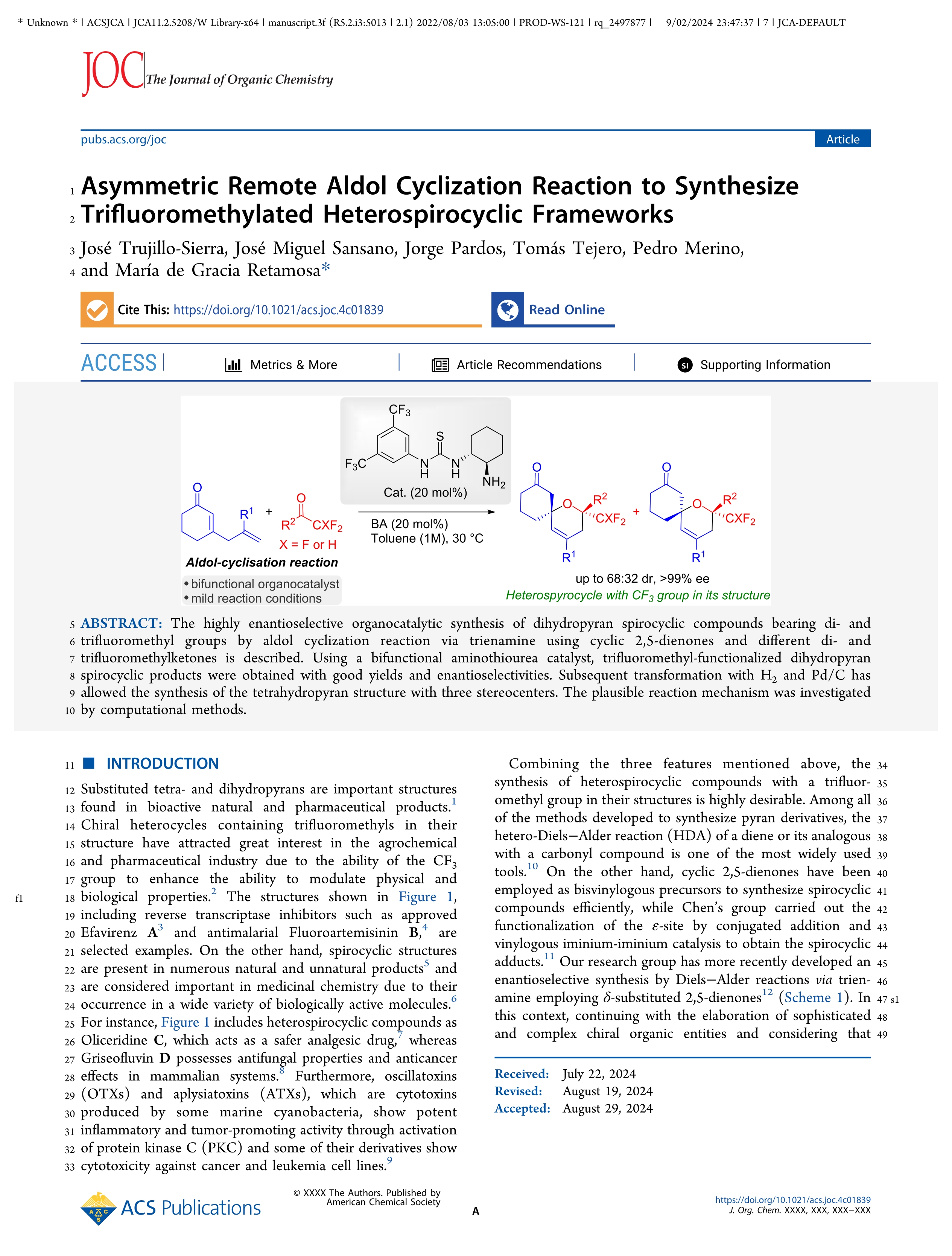 Asymmetric remote aldol cyclization reaction to synthesize trifluoromethylated heterospirocyclic frameworks