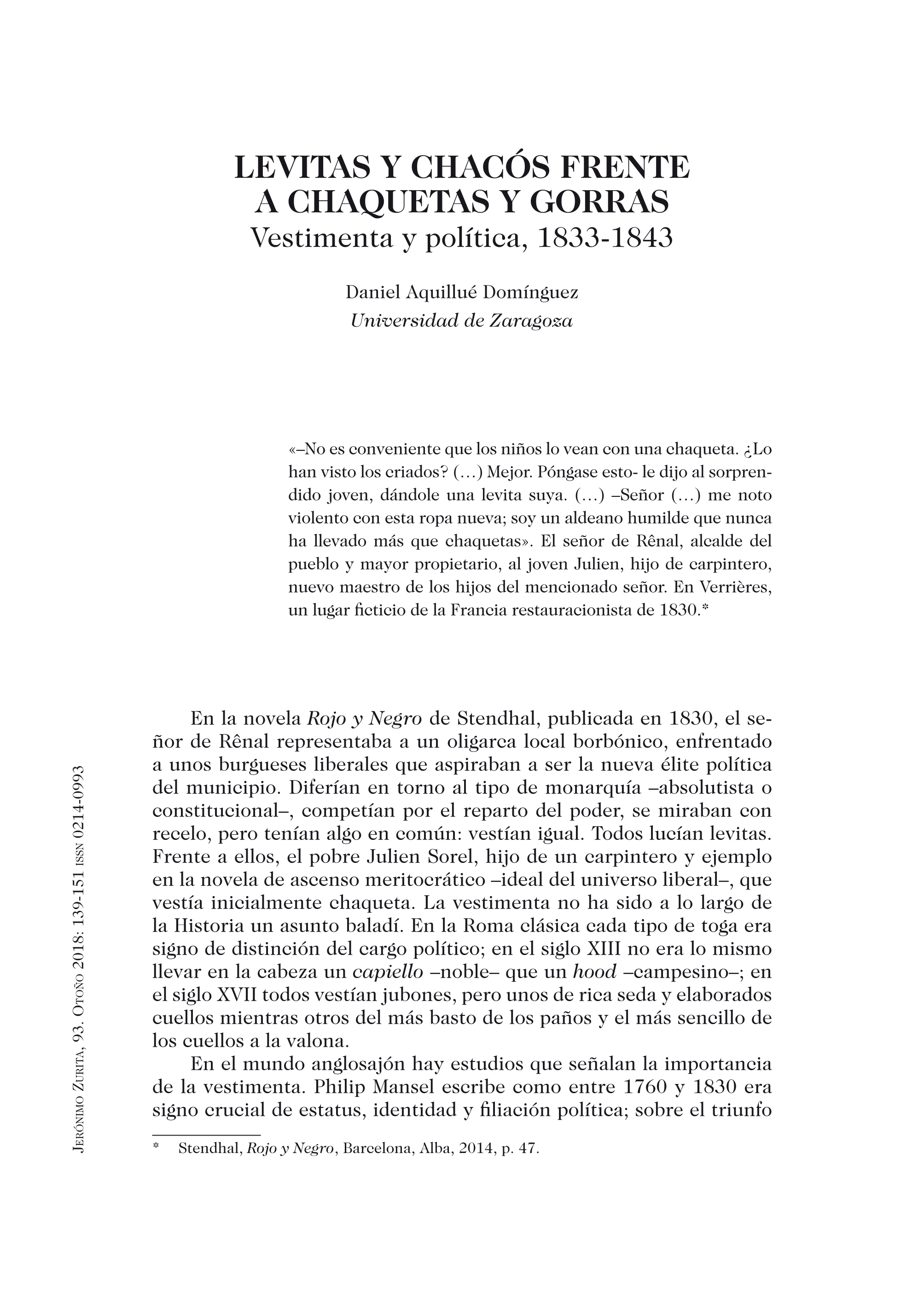 Levitas y chacós frente a chaquetas y gorras. Vestimenta y política, 1833-1843