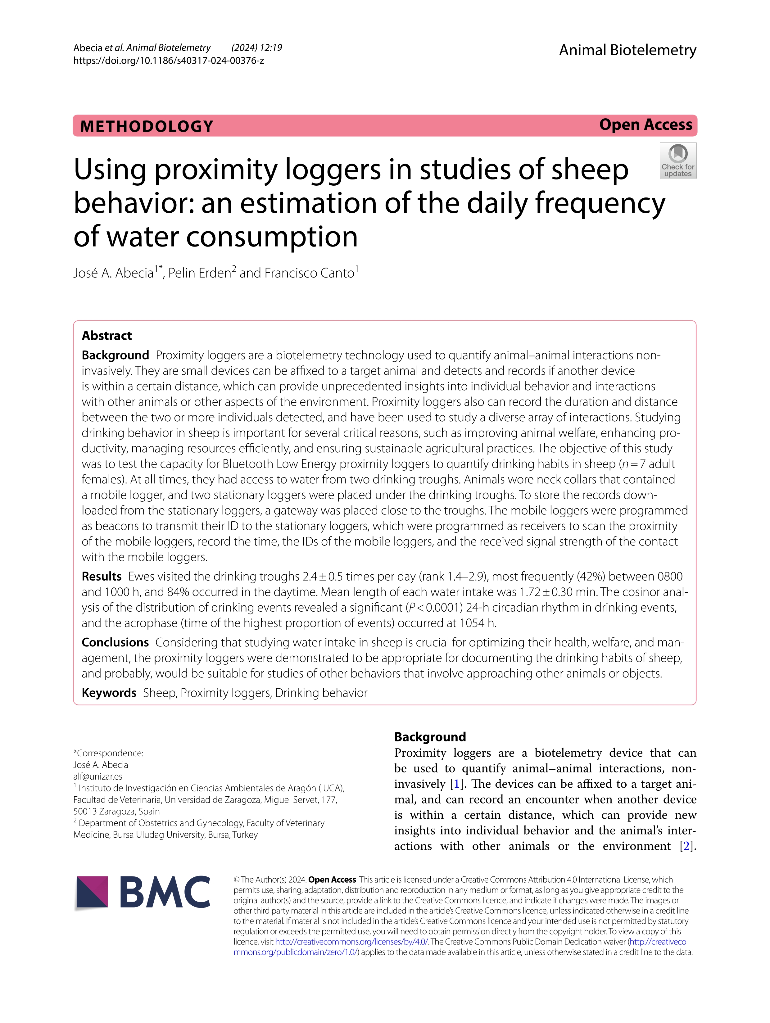 Using proximity loggers in studies of sheep behavior: an estimation of the daily frequency of water consumption