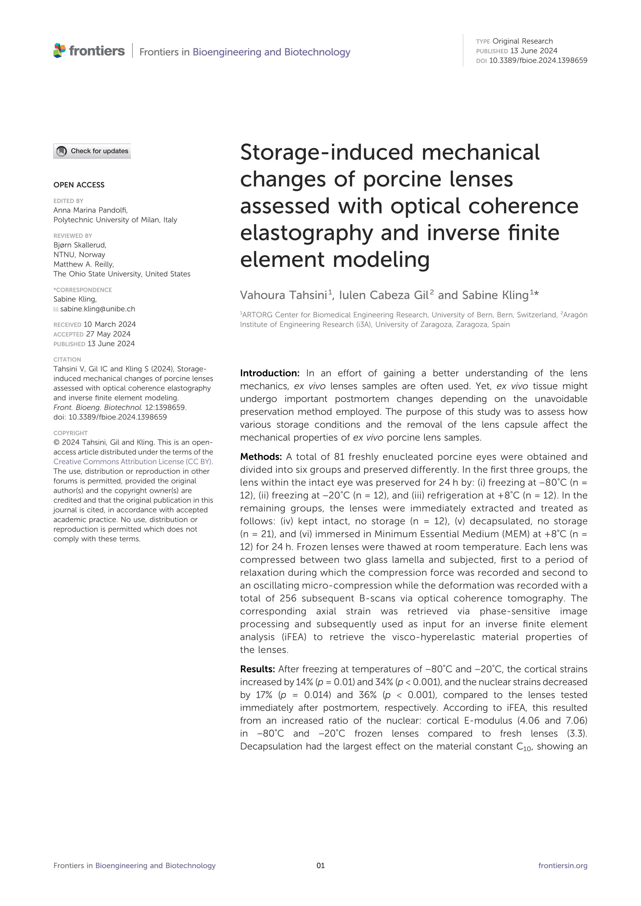 Storage-induced mechanical changes of porcine lenses assessed with optical coherence elastography and inverse finite element modeling