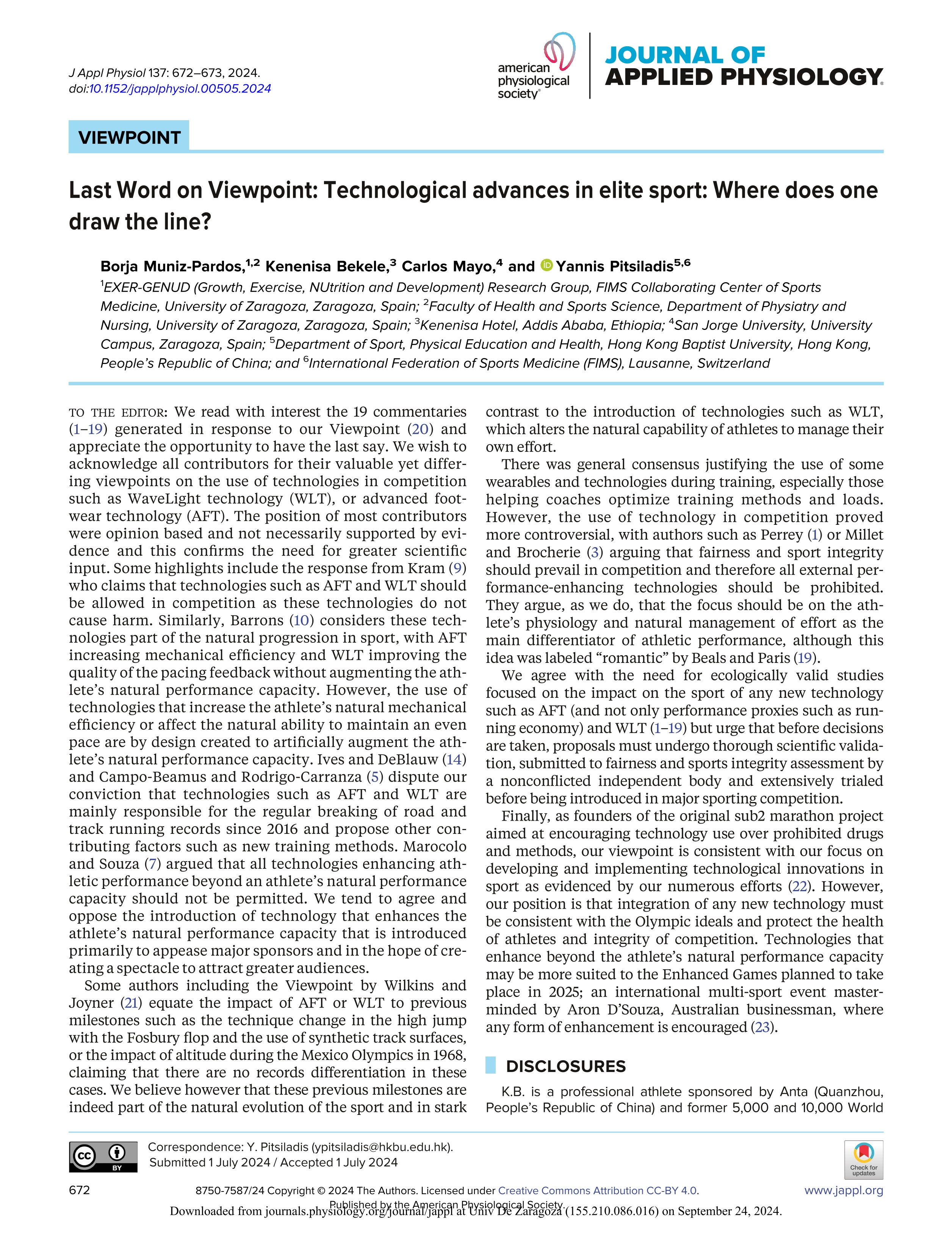 Last word on viewpoint: technological advances in elite sport: where does one draw the line?