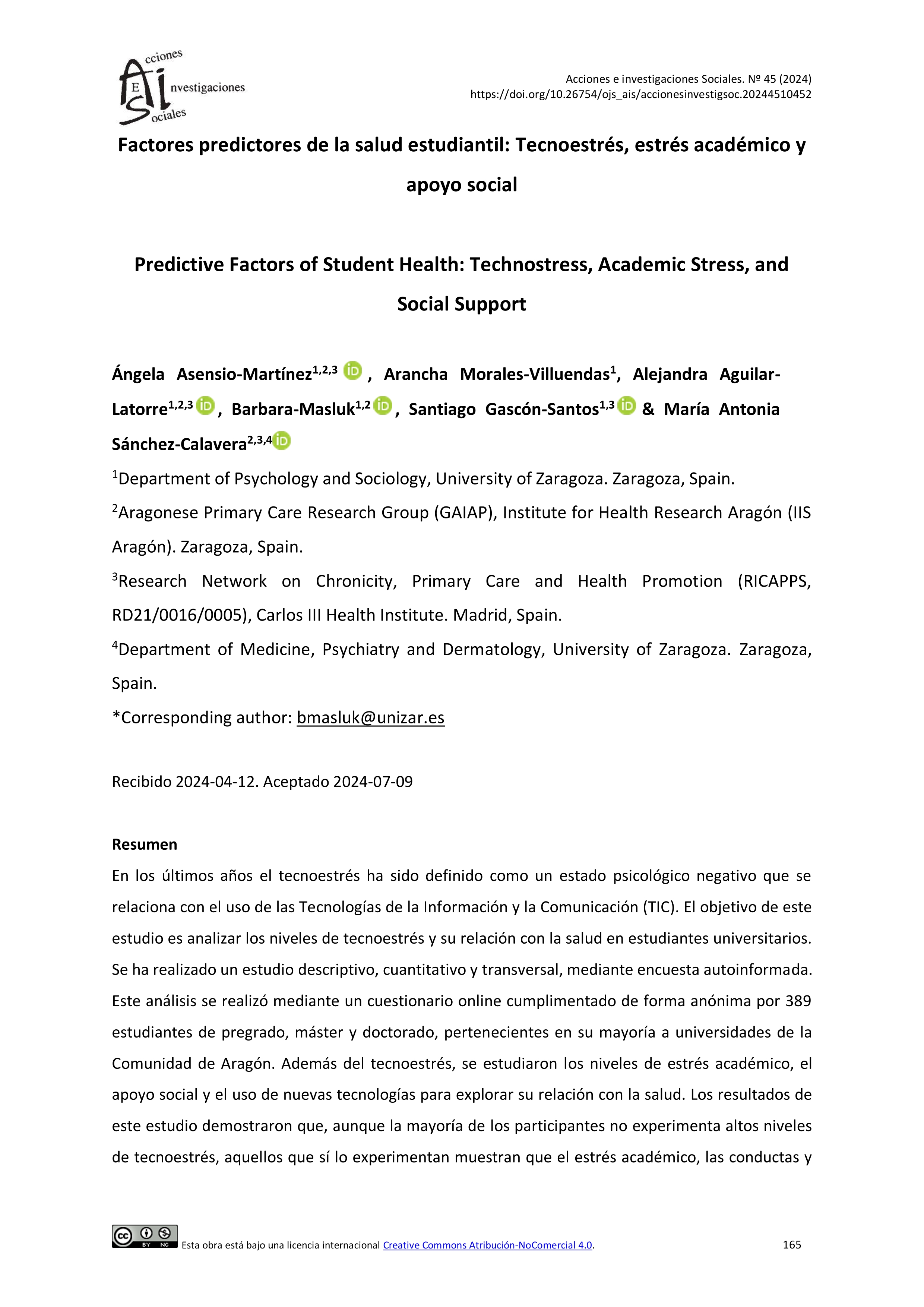 Factores predictores de la salud estudiantil: Tecnoestrés, estrés académico y apoyo social