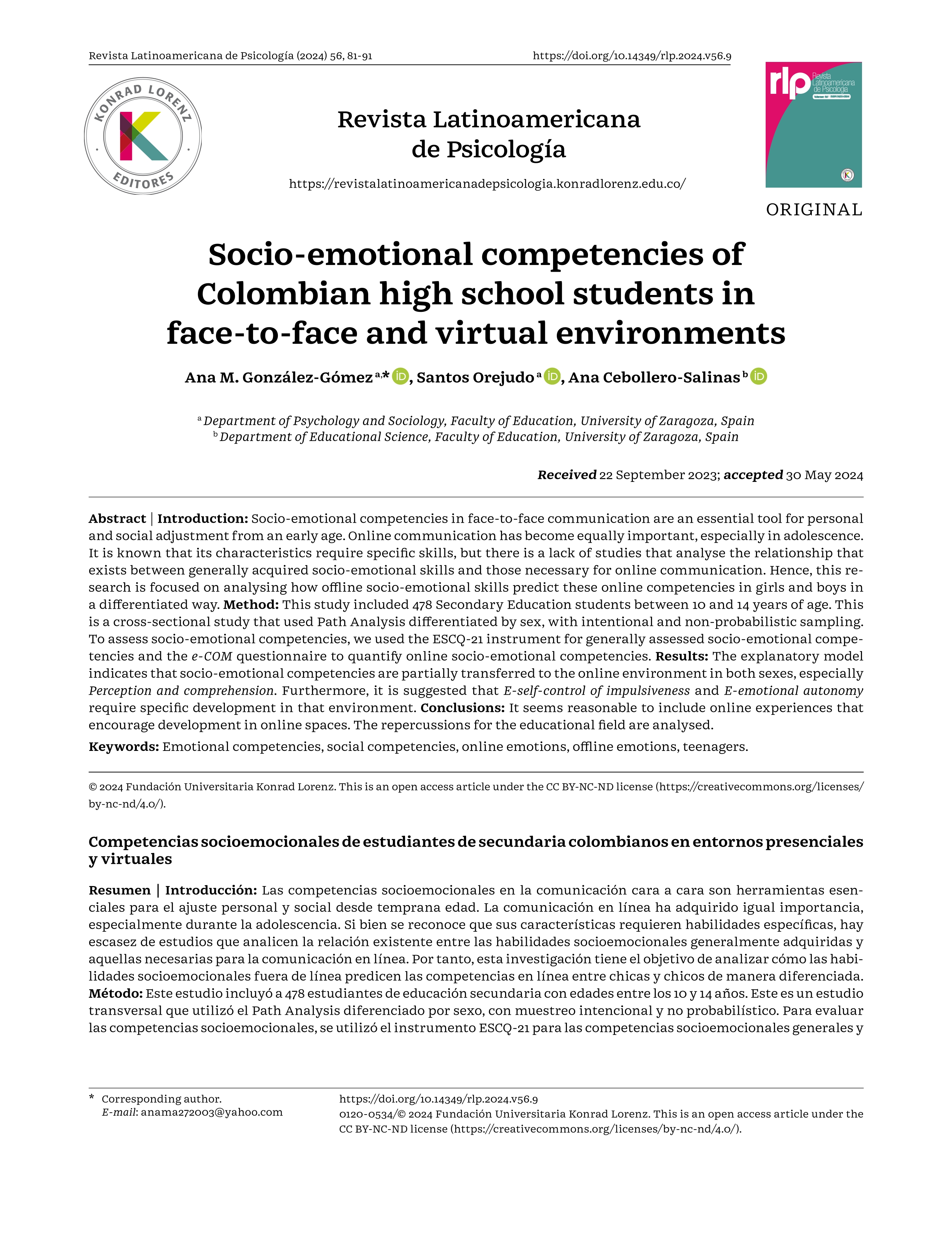 Socio-emotional competencies of Colombian high school students in face-to-face and virtual environments