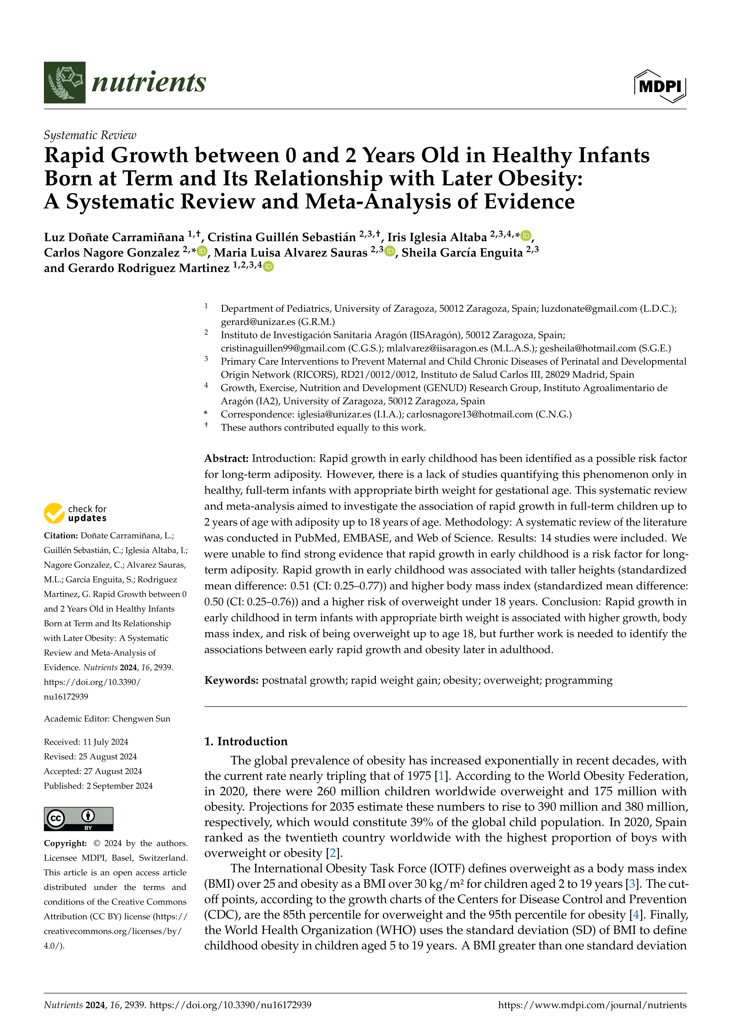 Rapid Growth between 0 and 2 Years Old in Healthy Infants Born at Term and Its Relationship with Later Obesity: A Systematic Review and Meta-Analysis of Evidence