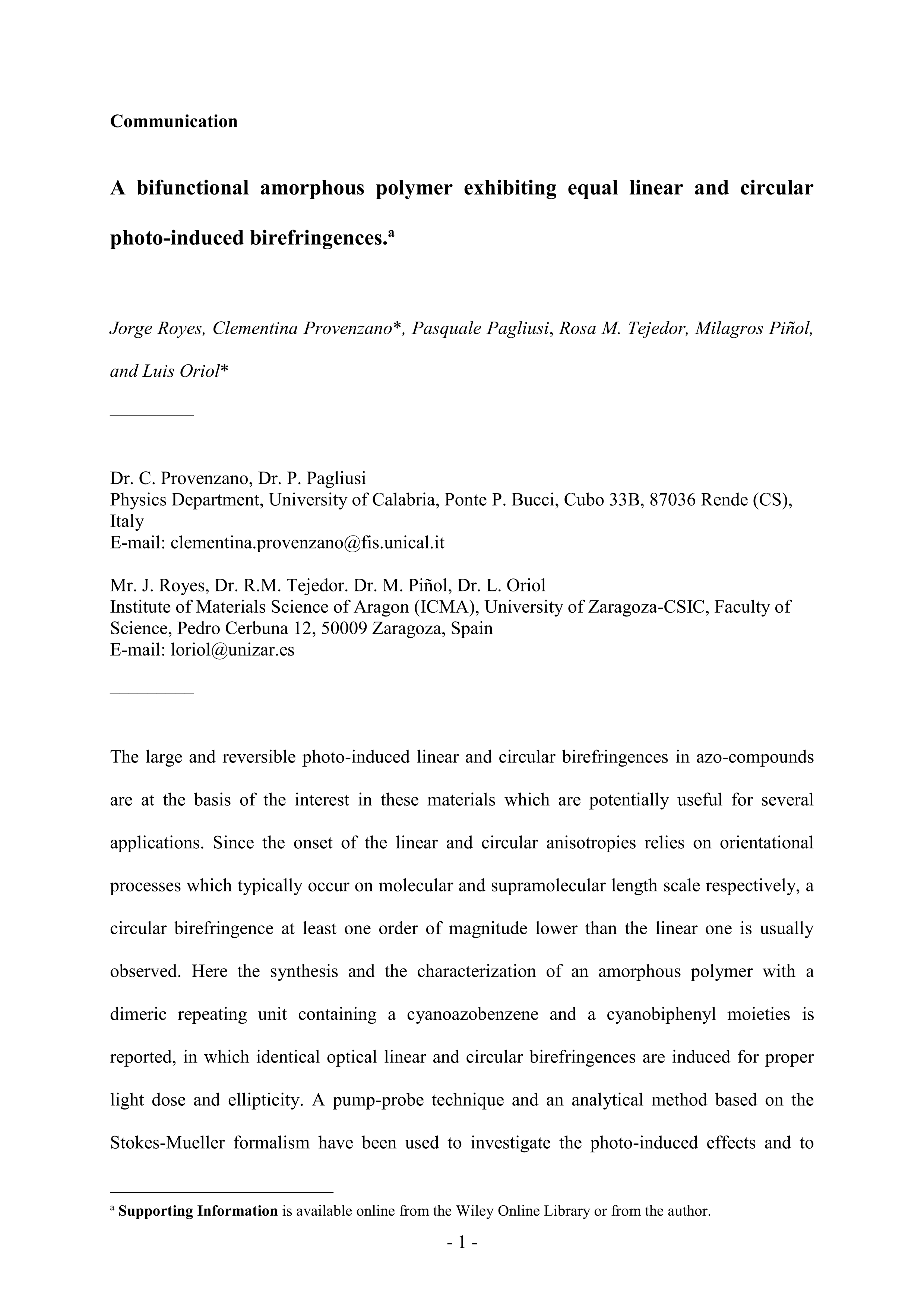 A bifunctional amorphous polymer exhibiting equal linear and circular photoinduced birefringence