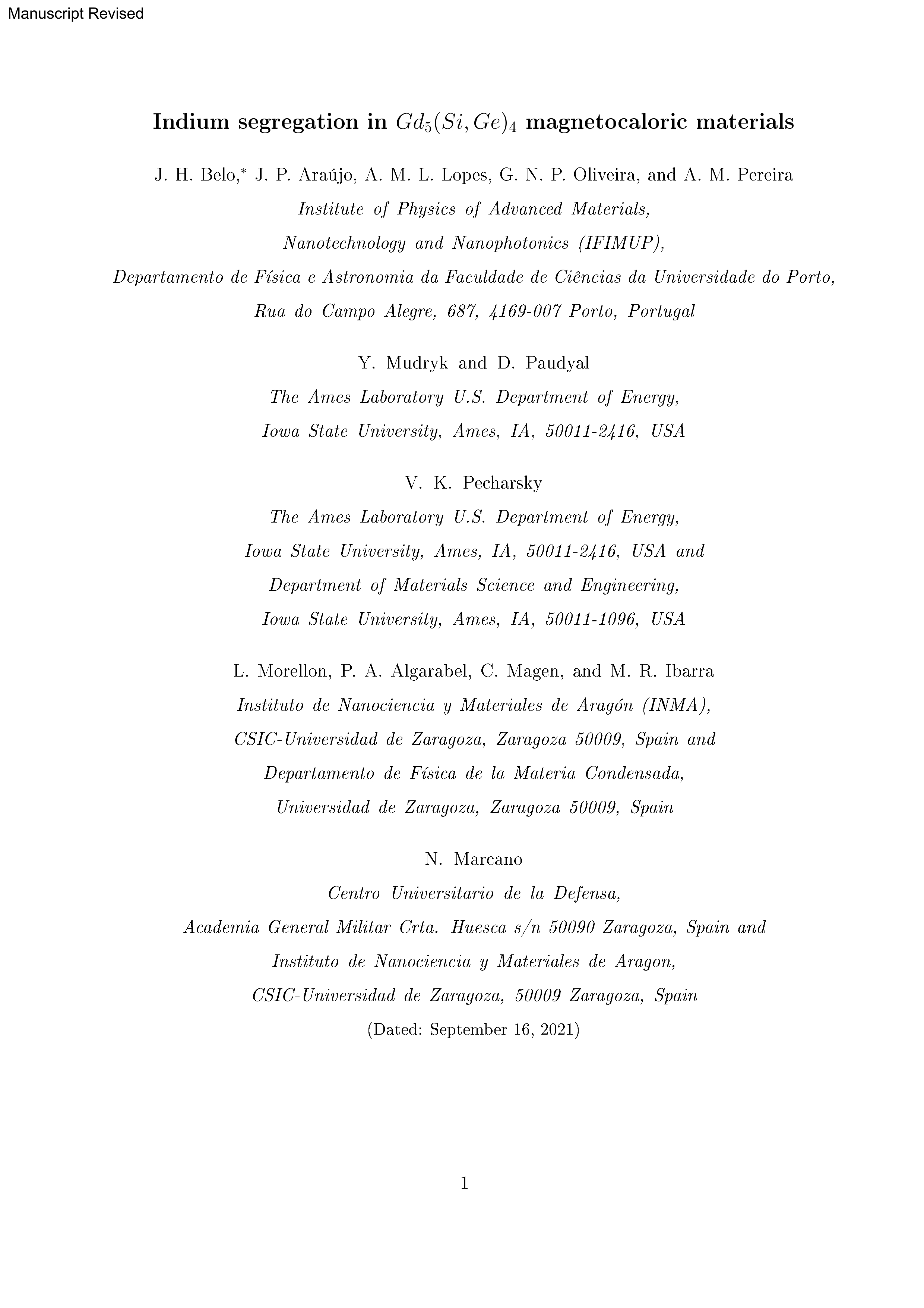 Indium segregation in Gd-5(Si, Ge)(4) magnetocaloric materials