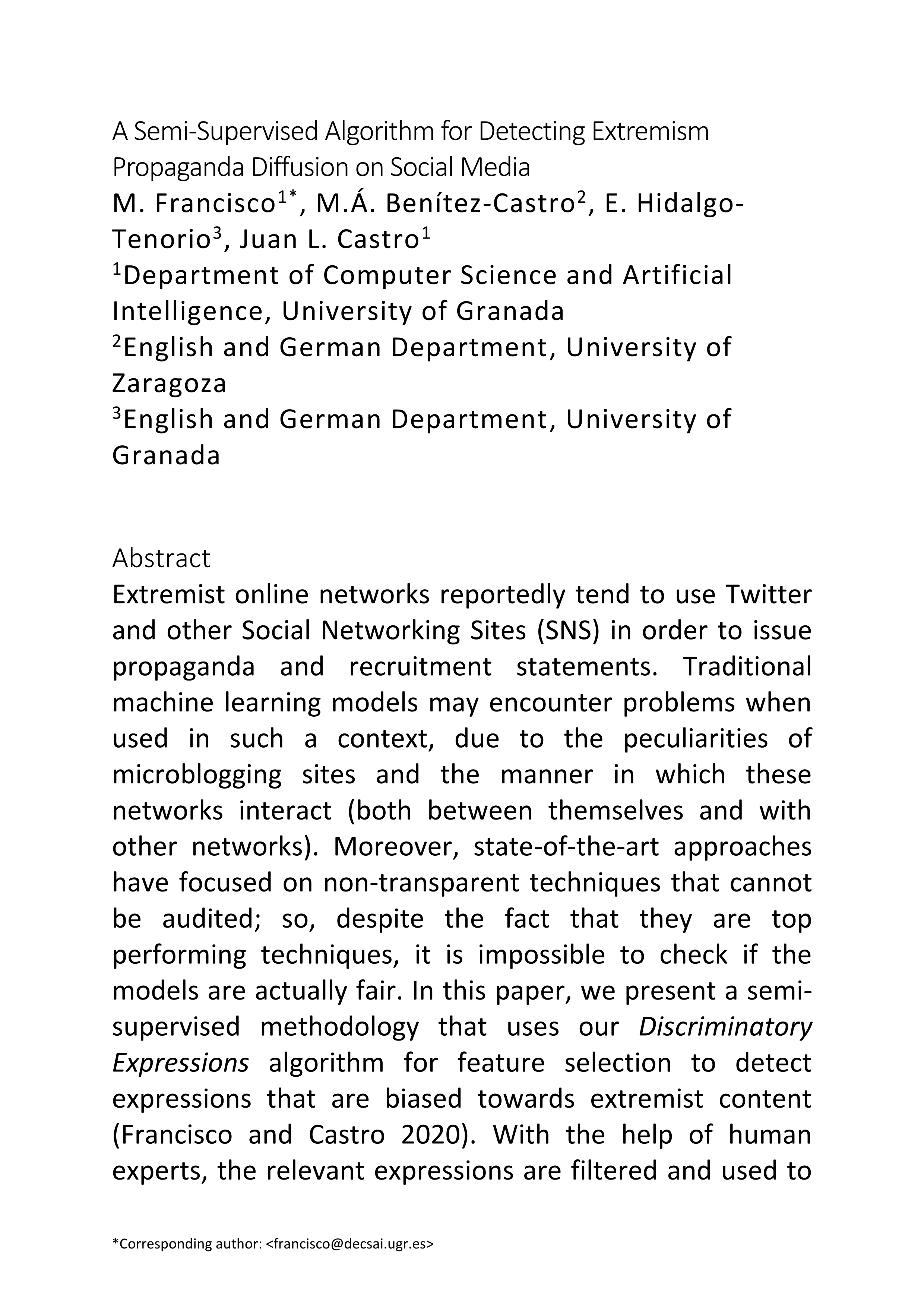 A semi-supervised algorithm for detecting extremism propaganda diffusion on social media