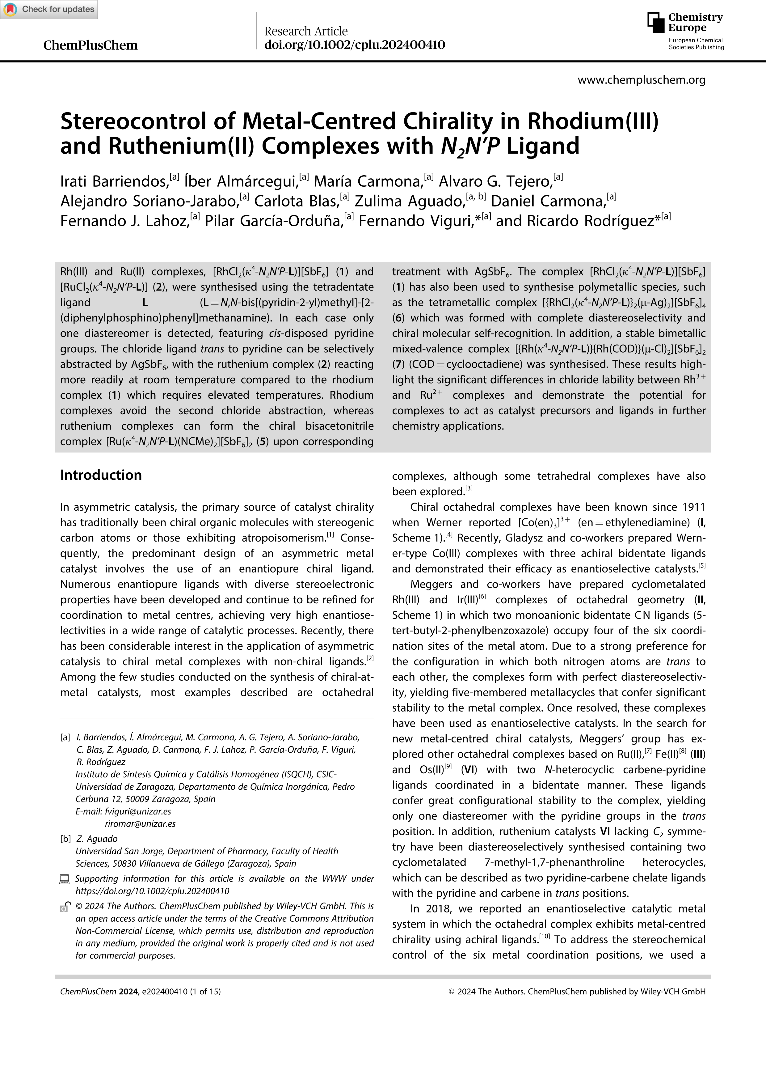 Stereocontrol of Metal-Centred Chirality in Rhodium(III) and Ruthenium(II) Complexes with <i>N<sub>2</sub>N'P</i> Ligand