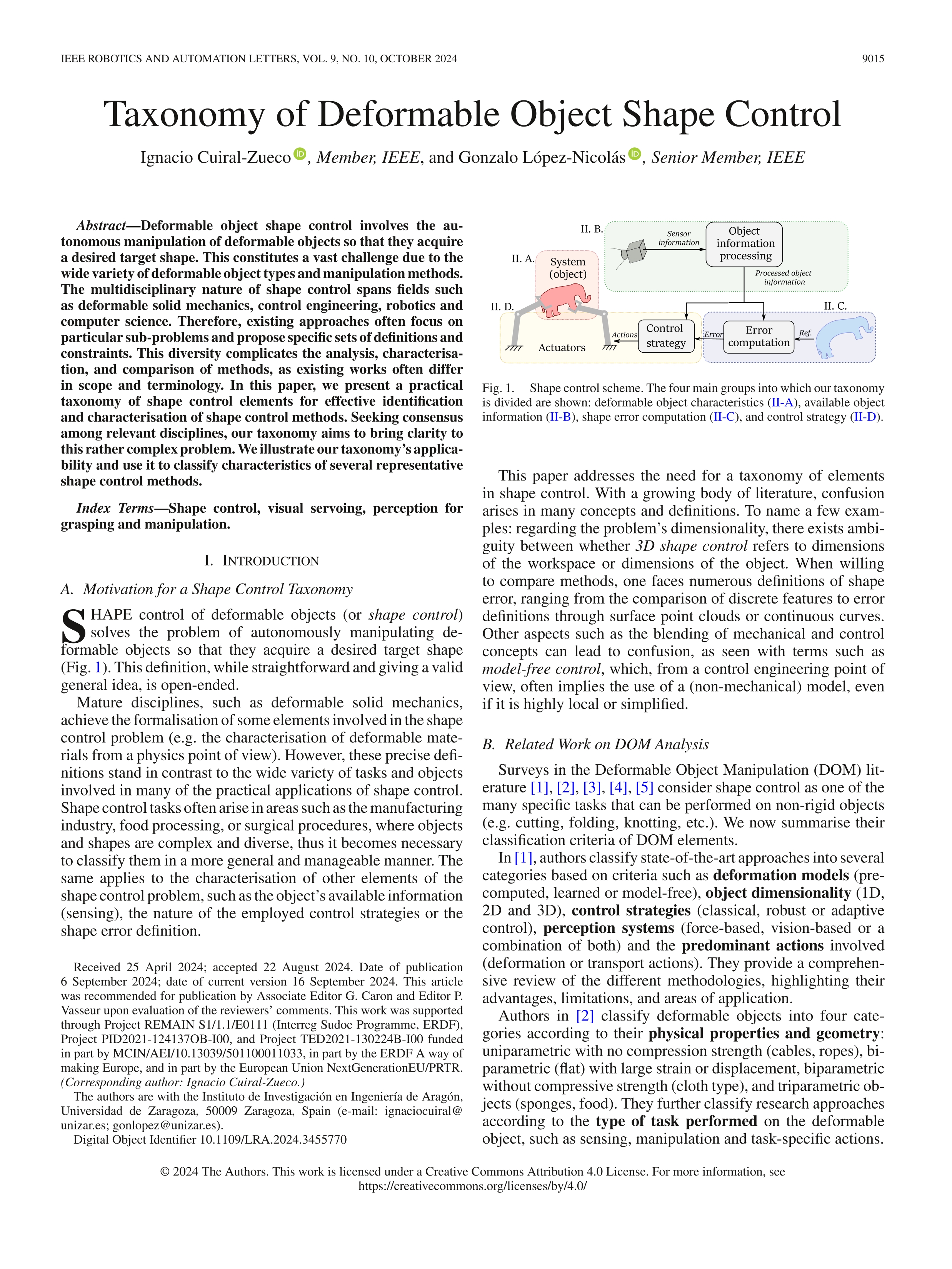 Taxonomy of deformable object shape control