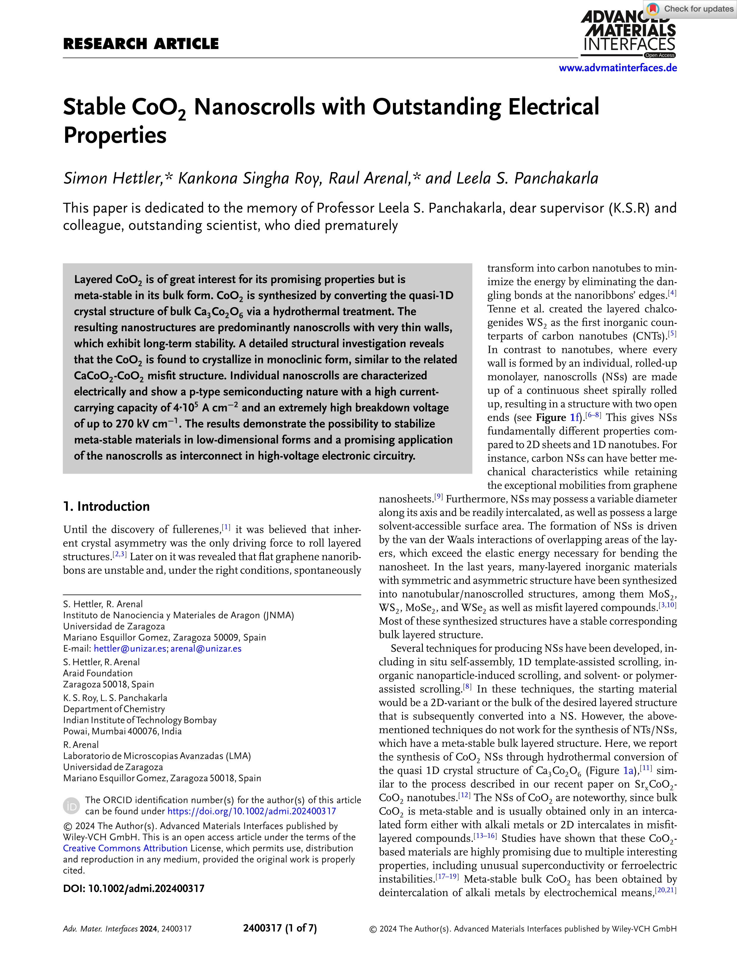 Stable CoO2 nanoscrolls with outstanding electrical properties
