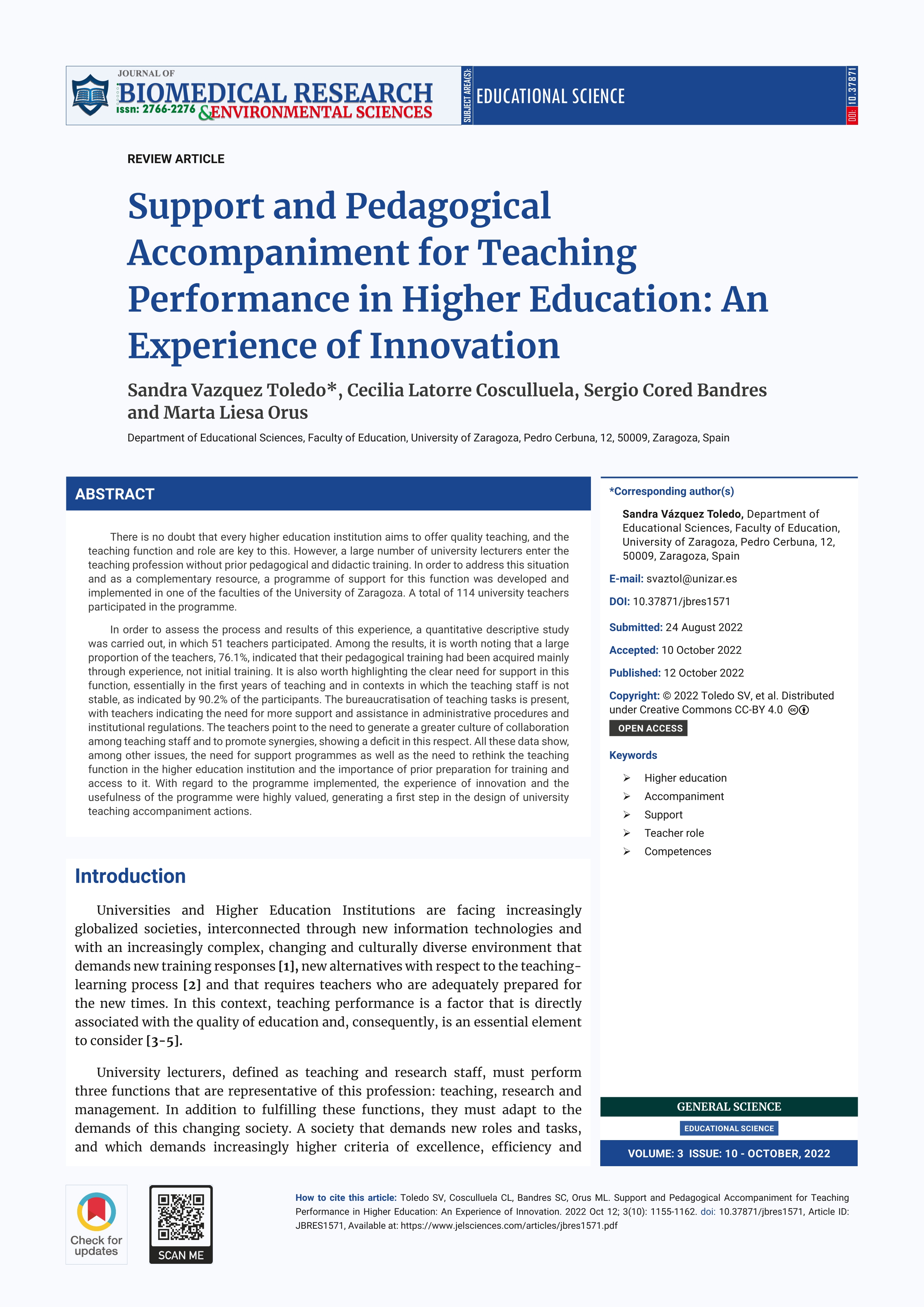 Support and Pedagogical Accompaniment for Teaching Performance in Higher Education: An Experience of Innovation