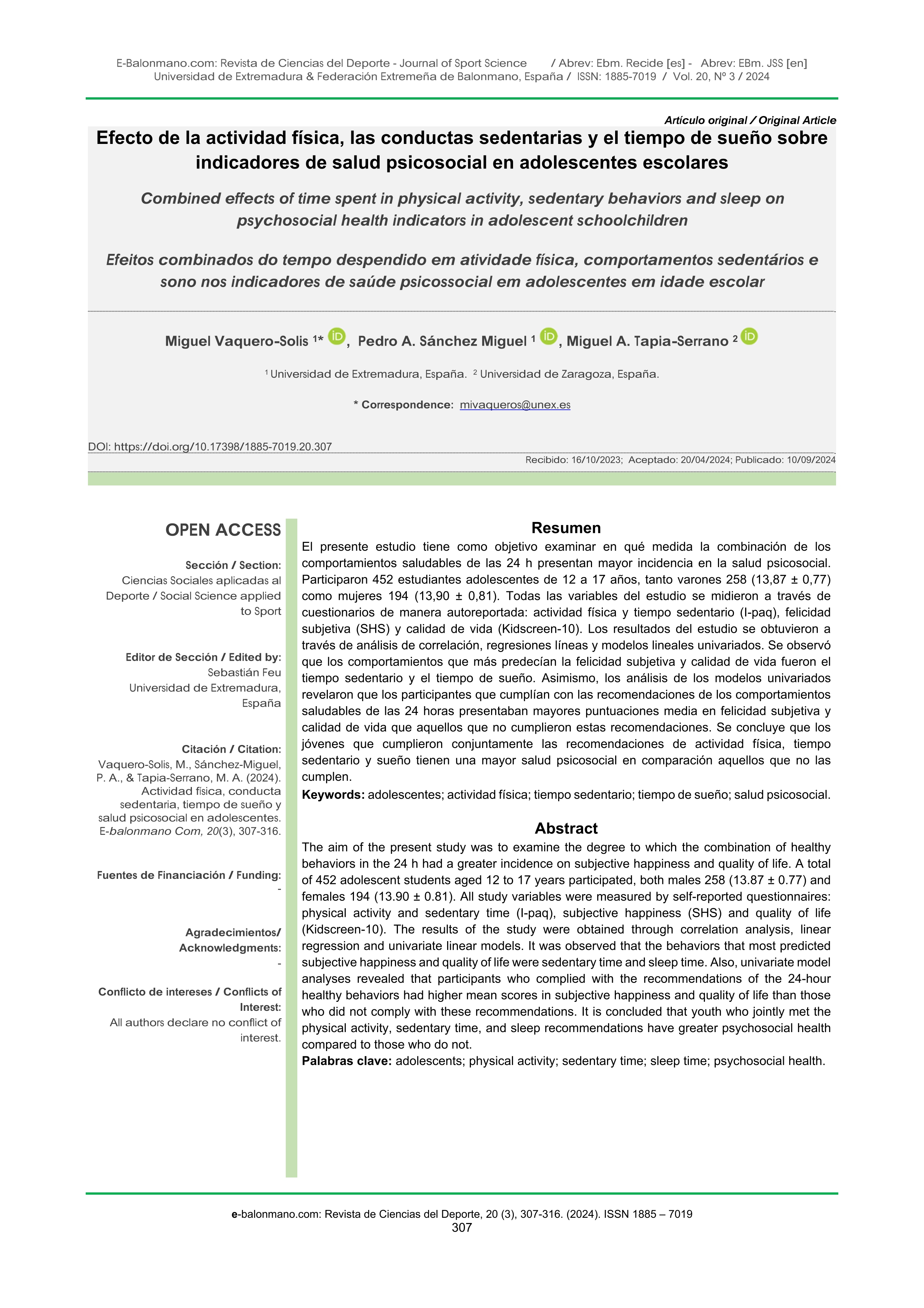 Efecto de la actividad física, las conductas sedentarias y el tiempo de sueño sobre indicadores de salud psicosocial en adolescentes escolares