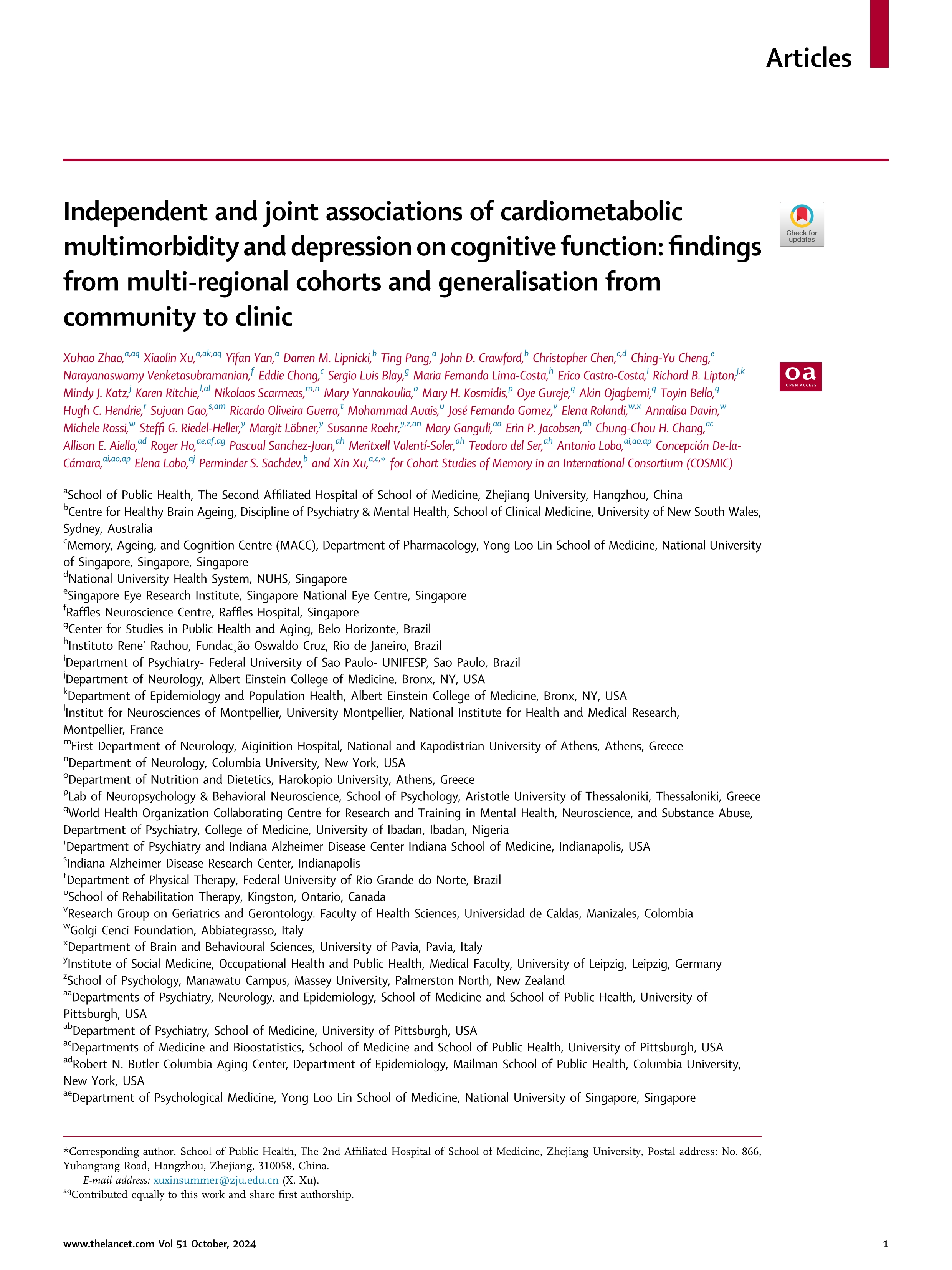 Independent and joint associations of cardiometabolic multimorbidity and depression on cognitive function: findings from multi-regional cohorts and generalisation from community to clinic