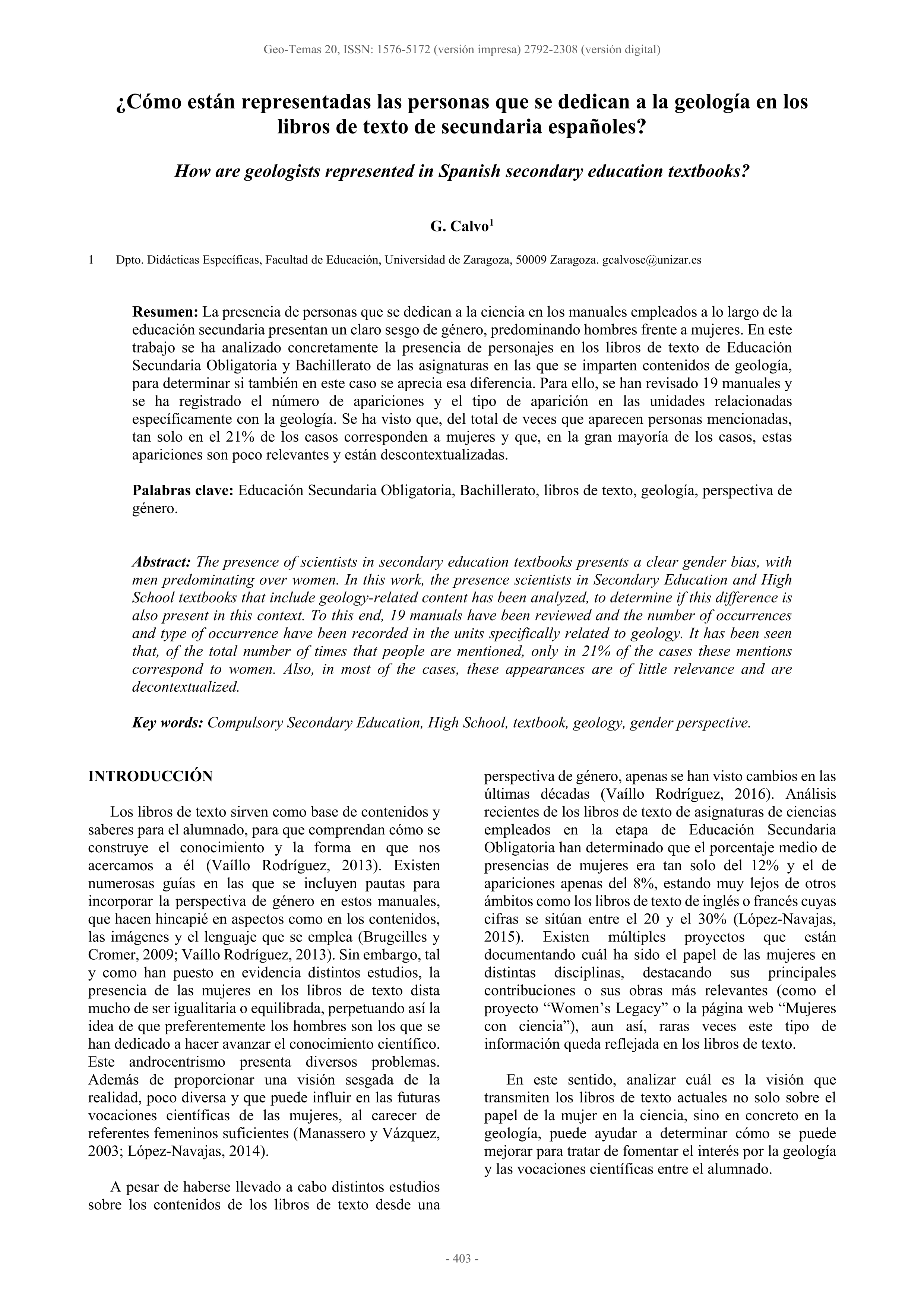 ¿Cómo están representadas las personas que se dedican a la geología en los libros de texto de secundaria españoles?