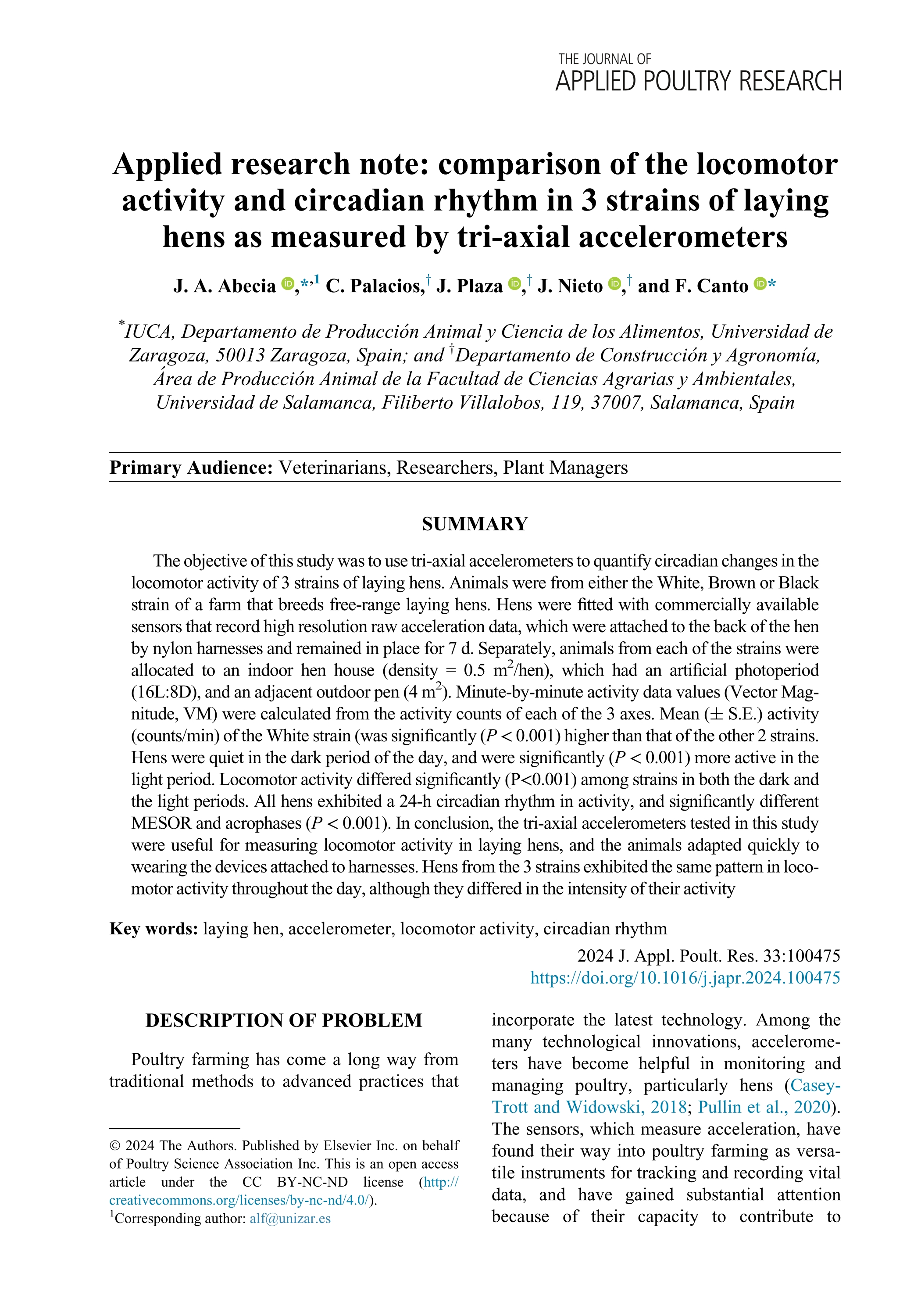 Applied research note: comparison of the locomotor activity and circadian rhythm in 3 strains of laying hens as measured by tri-axial accelerometers