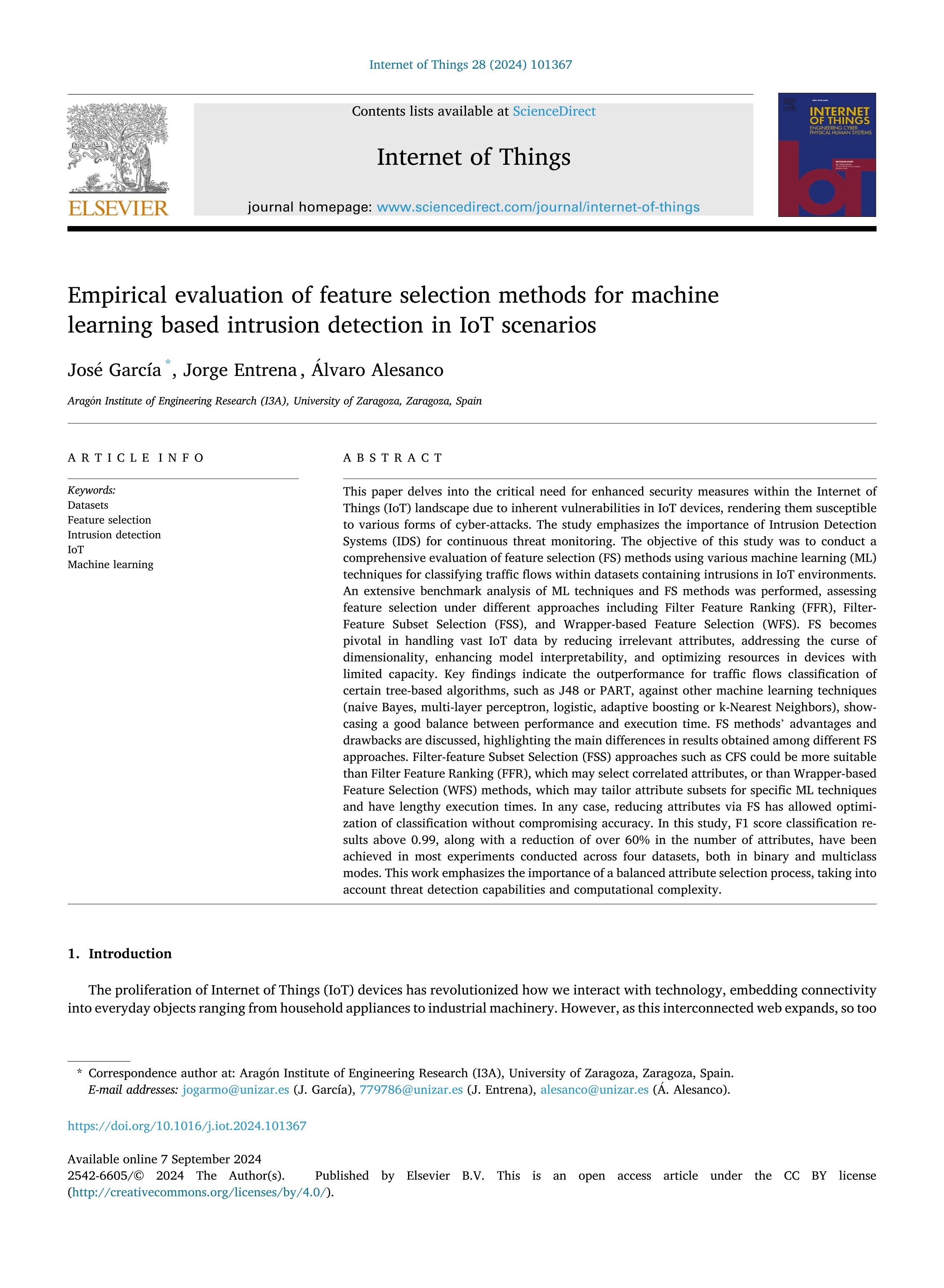 Empirical evaluation of feature selection methods for machine learning based intrusion detection in IoT scenarios