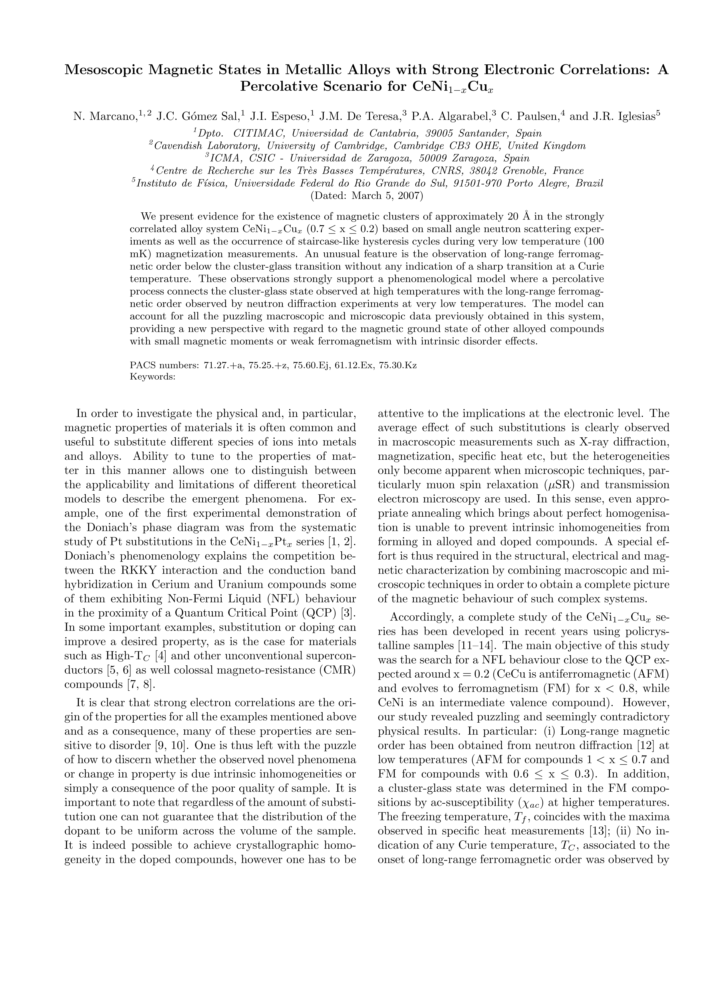 Mesoscopic Magnetic States in Metallic Alloys with Strong Electronic Correlations: A Percolative Scenario for CeNi1-xCux