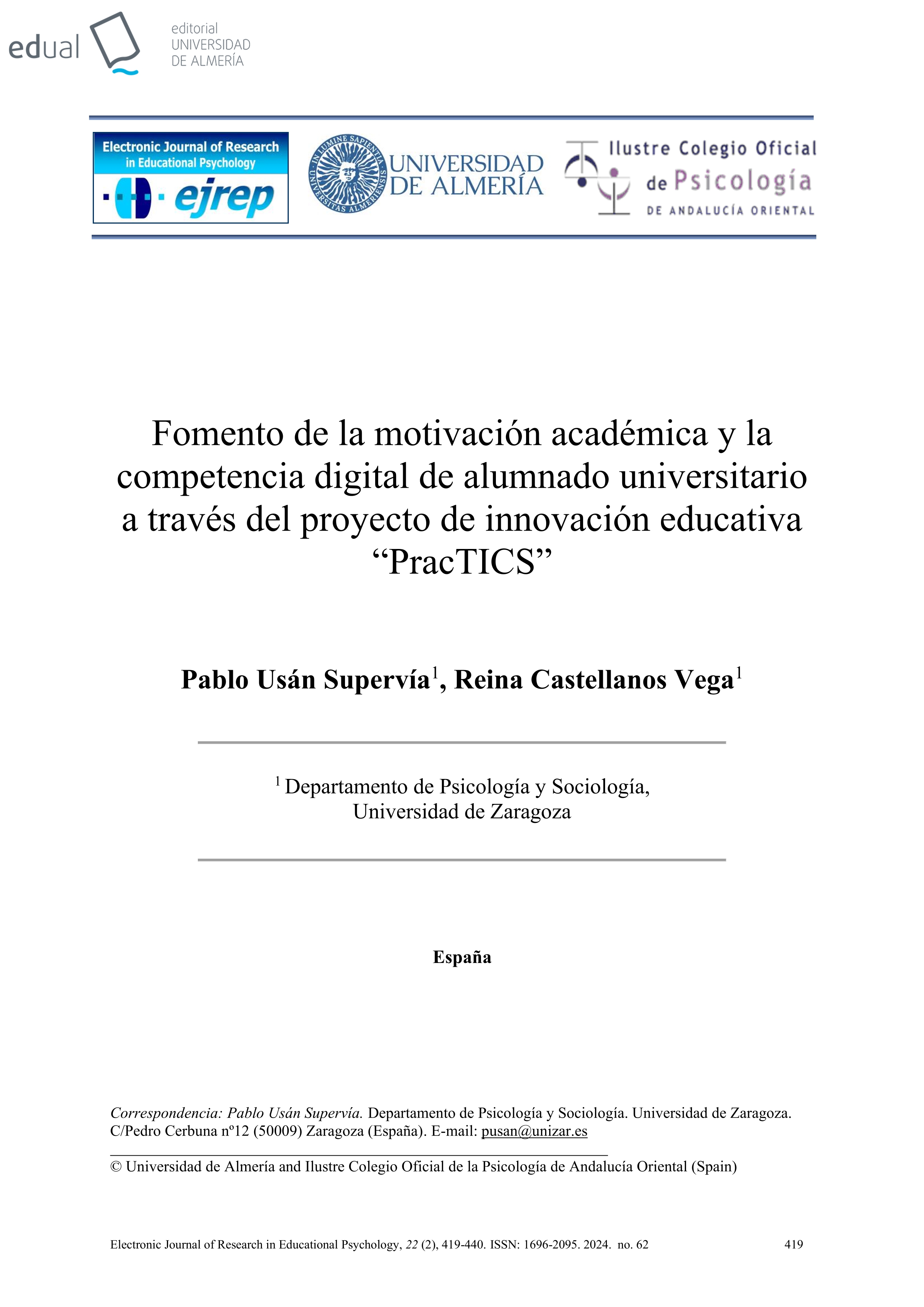 Fomento de la motivación académica y la competencia digital de alumnado universitario a través del proyecto de innovación educativa “PracTICS”