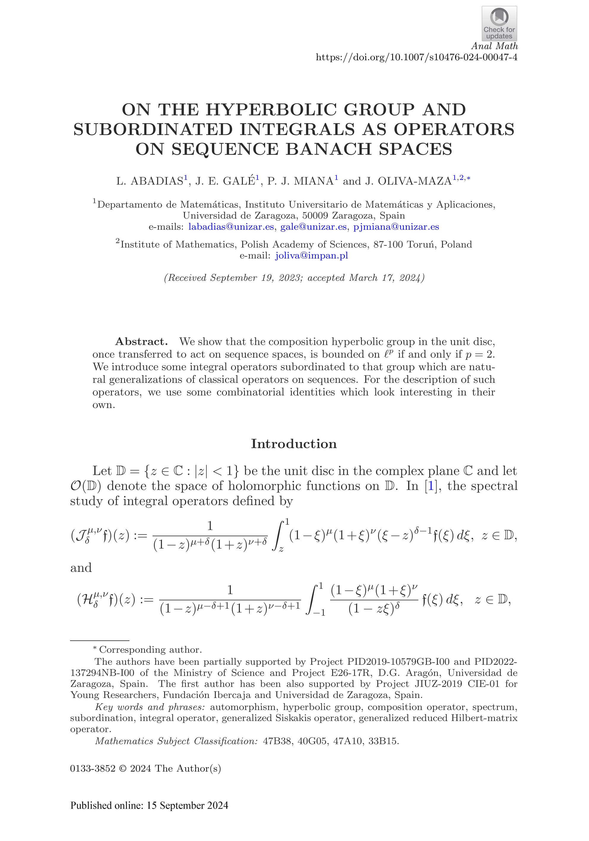 On the hyperbolic group and subordinated integrals as operators on sequence Banach spaces