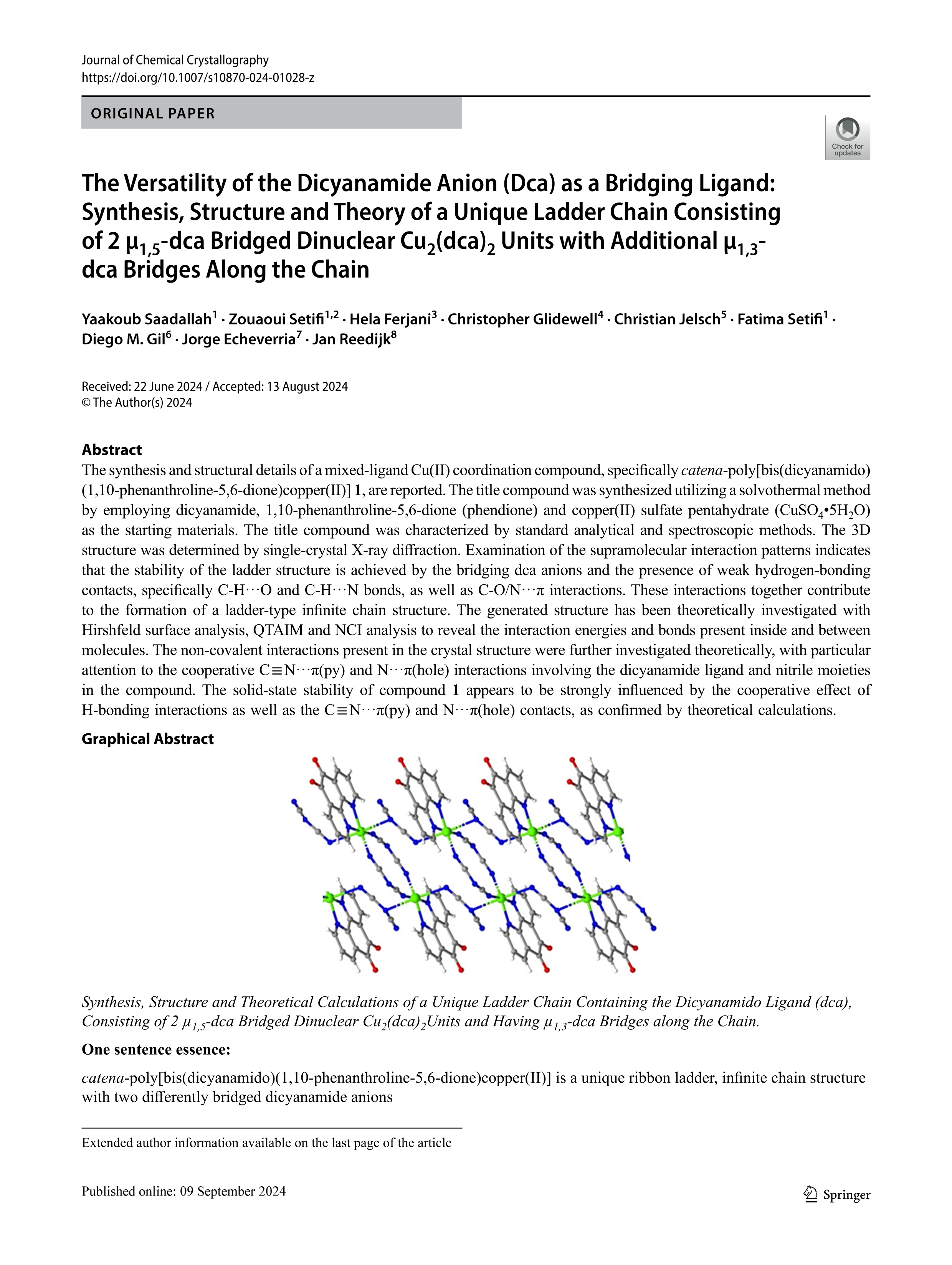 The Versatility of the Dicyanamide Anion (Dca) as a Bridging Ligand: Synthesis, Structure and Theory of a Unique Ladder Chain Consisting of 2 µ1,5-dca Bridged Dinuclear Cu2(dca)2 Units with Additional µ1,3-dca Bridges Along the Chain