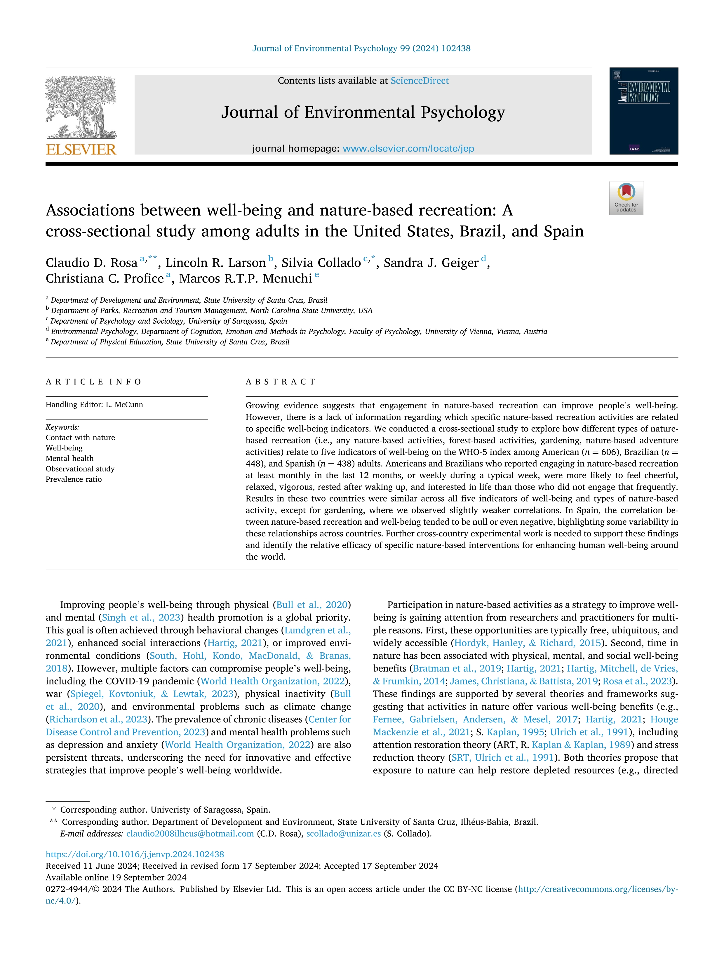 Associations between well-being and nature-based recreation: A cross-sectional study among adults in the United States, Brazil, and Spain