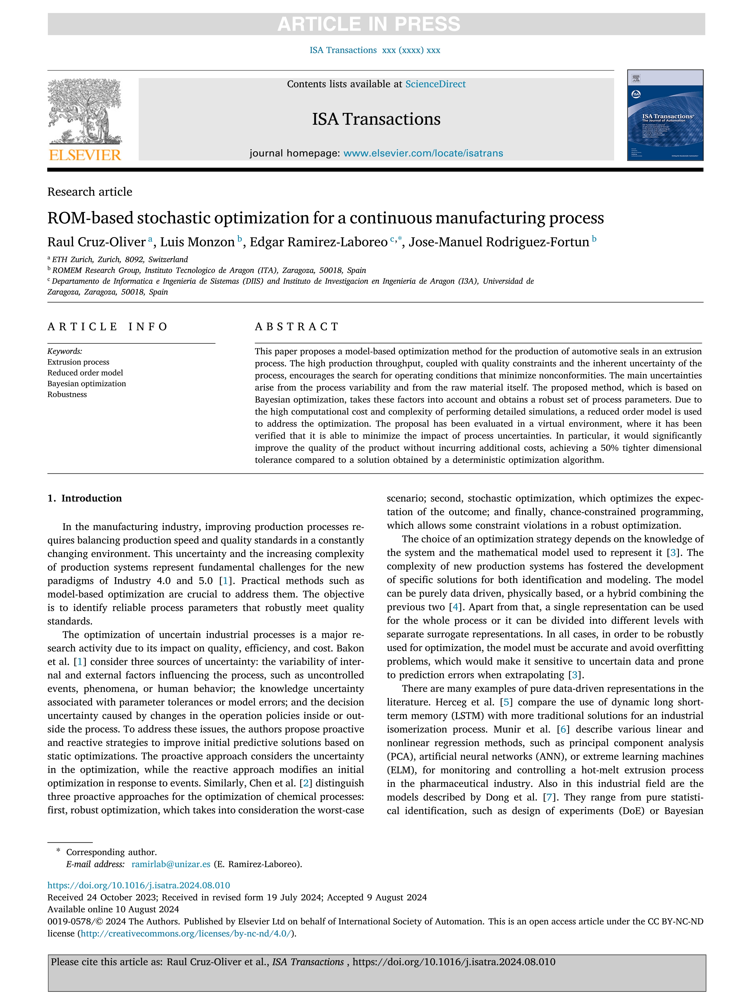 ROM-based stochastic optimization for a continuous manufacturing process