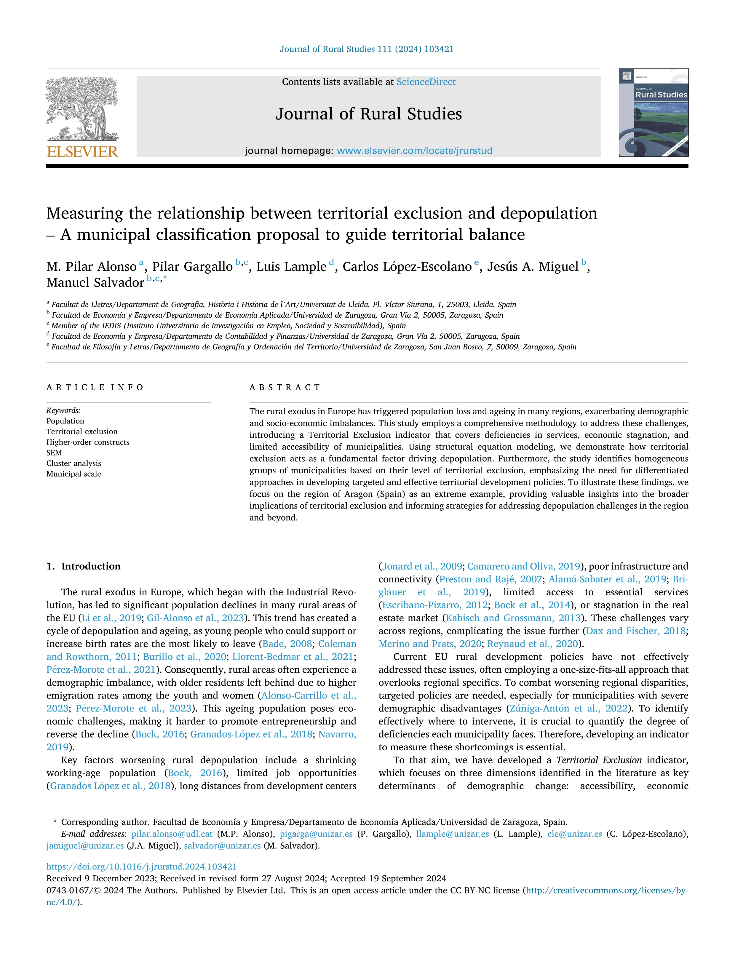 Measuring the relationship between territorial exclusion and depopulation – A municipal classification proposal to guide territorial balance