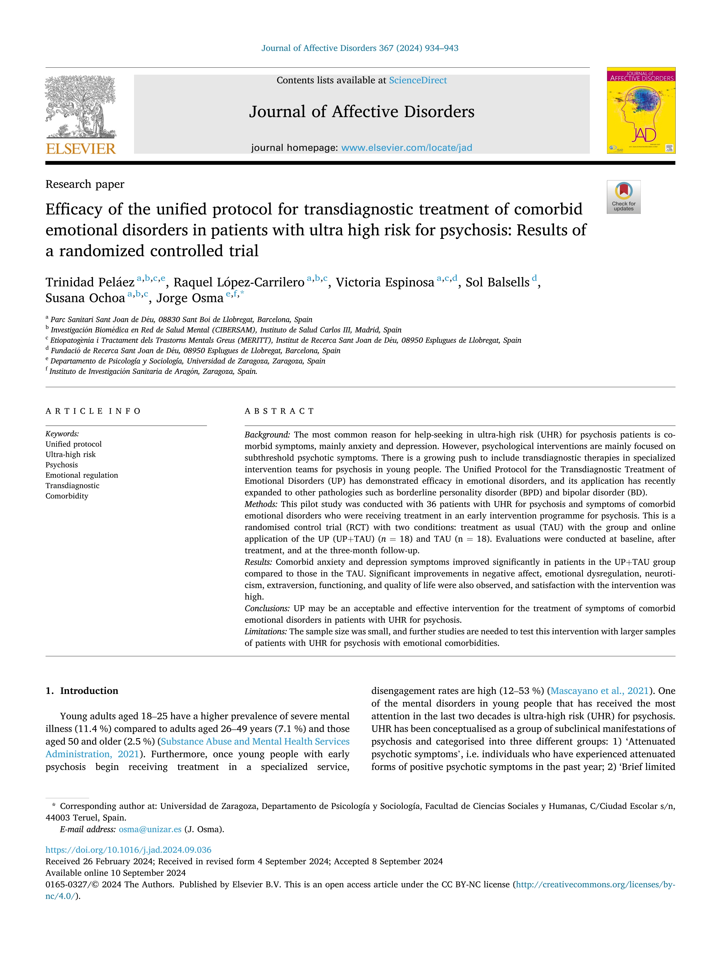 Efficacy of the unified protocol for transdiagnostic treatment of comorbid emotional disorders in patients with ultra high risk for psychosis: Results of a randomized controlled trial