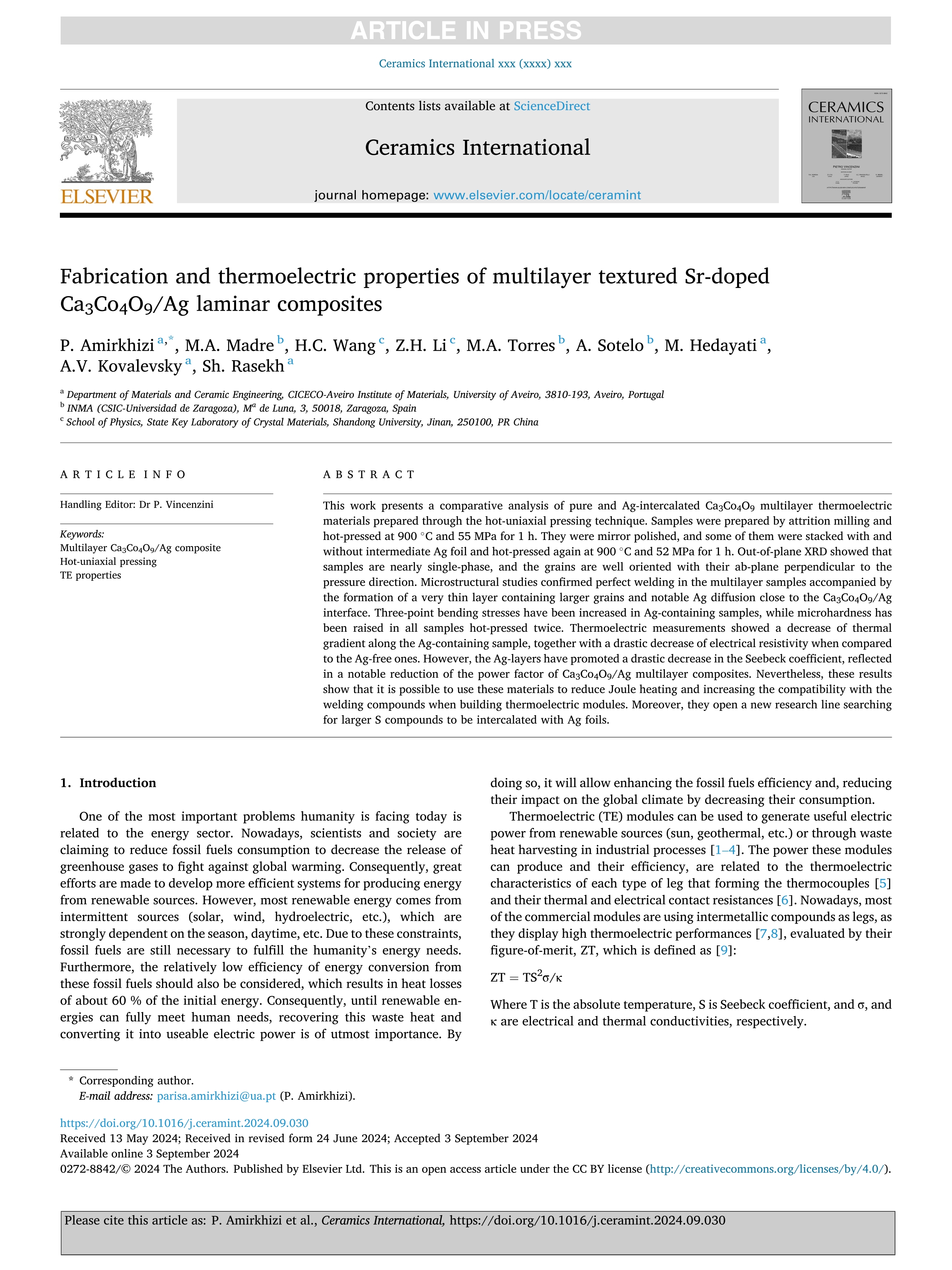 Fabrication and thermoelectric properties of multilayer textured Sr-doped Ca3Co4O9/Ag laminar composites